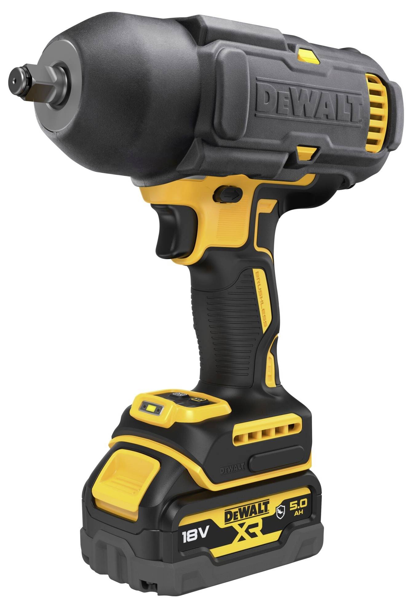 Akkuschlagschrauber in gelb-schwarz, seitliche Ansicht. DeWalt-Logo sichtbar. Gerät für Bauarbeiten, mit 18V und 5.0 Ah Leistungsstärke.