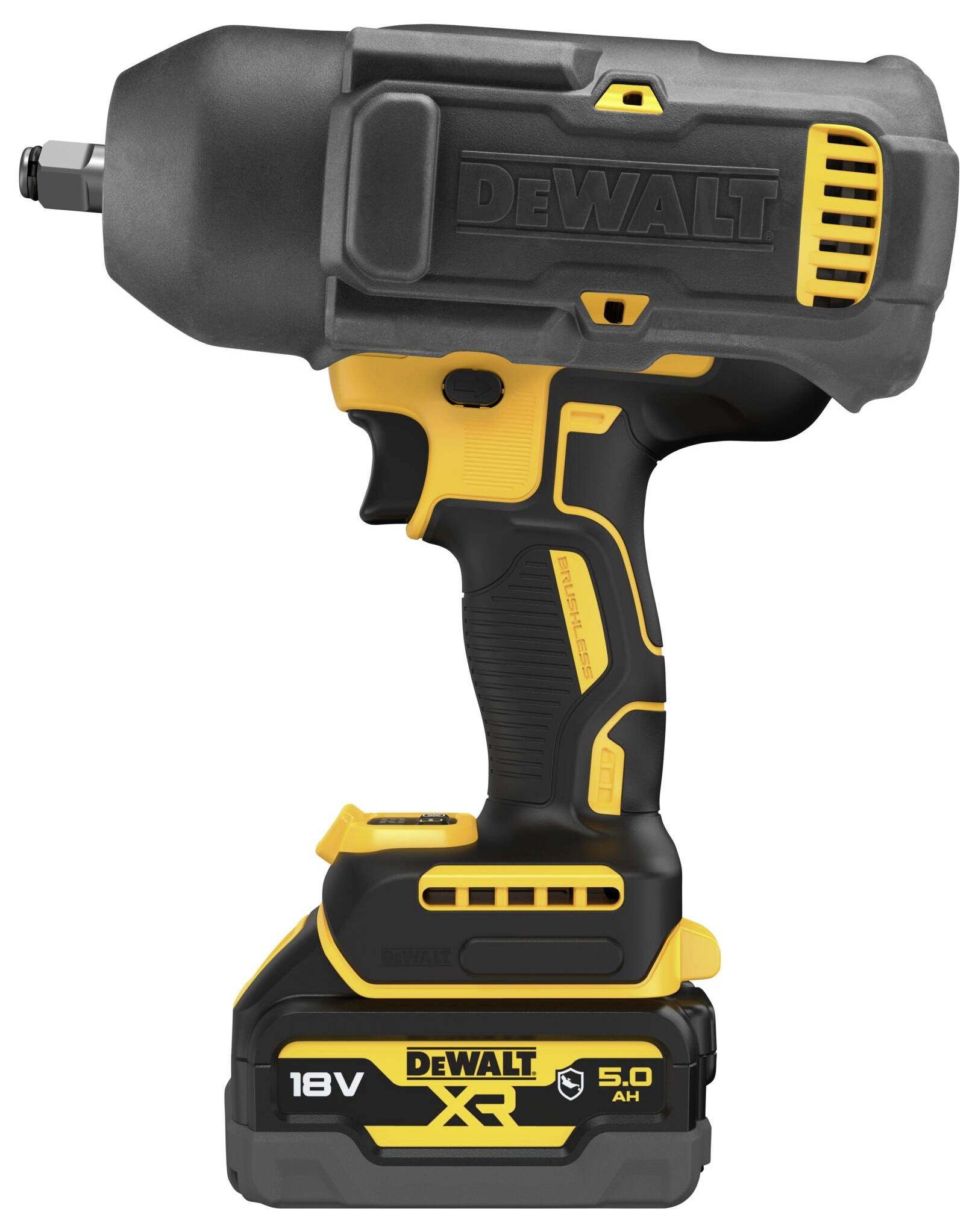 Ein kabelloser, gelb-schwarzer Akkuschlagschrauber von DeWalt mit 18V und 5,0 Ah Batterie, ideal für den professionellen Einsatz.