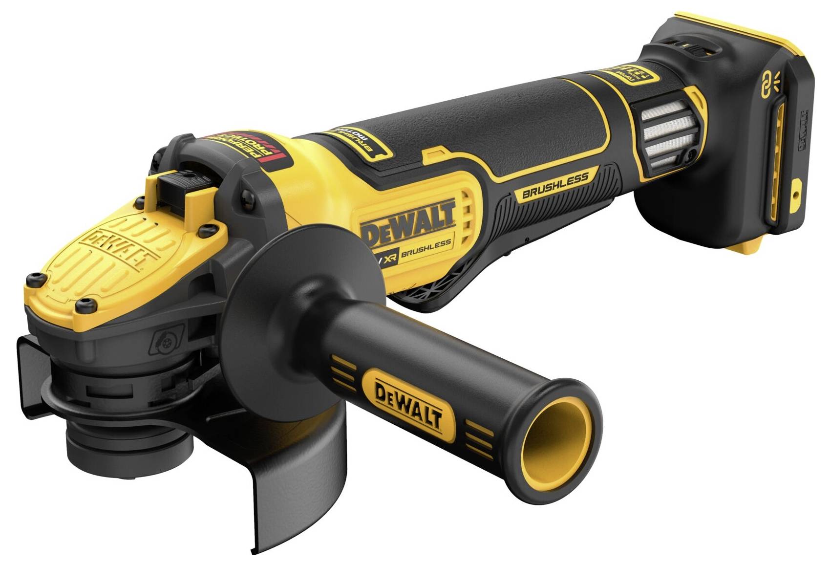 Ein gelber Winkelschleifer von DeWalt mit schwarzem Griff und Akkupack. Markierung 'BRUSHLESS' auf der Seite.