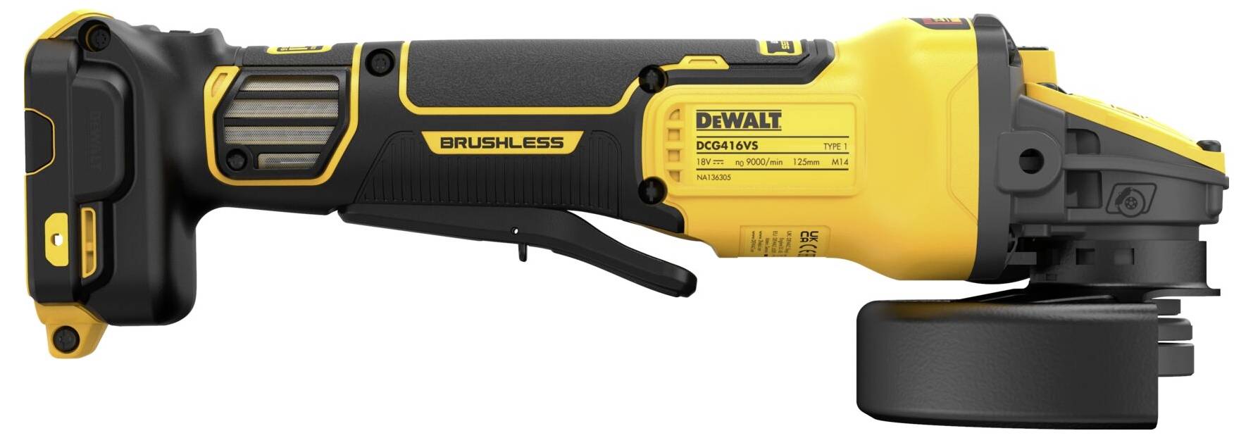 Ein kabelloser Winkelschleifer mit gelbem und schwarzem Design. Markiert mit 'Brushless', zeigt die Marke und Modellnummer auf einem Etikett.