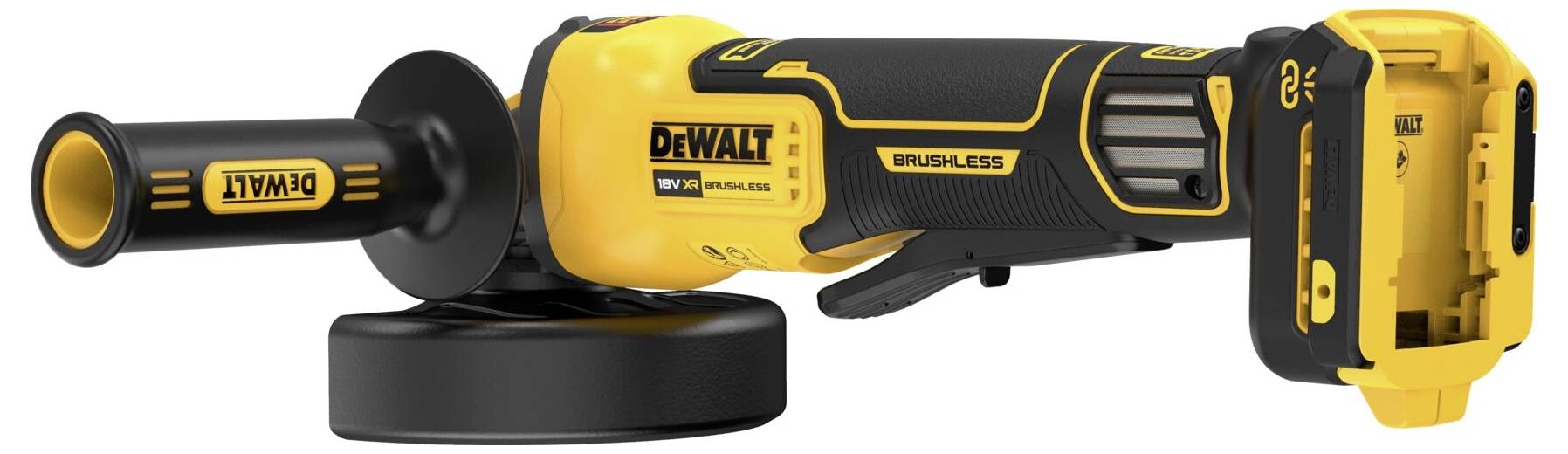 Tragbare Elektrowinkelschleifer in Schwarz und Gelb von der Marke DEWALT, batteriebetrieben, mit ergonomischem Griff und Schutzhaube.