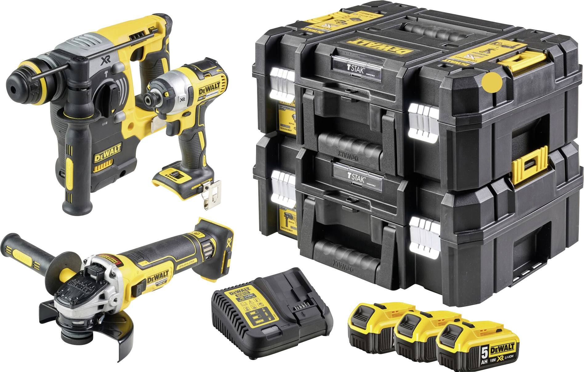 Akkuschrauber-Set mit Bohrhammer, Winkelschleifer, Ladegerät, Akkus und stapelbaren Kunststoffkoffern auf weißem Hintergrund.