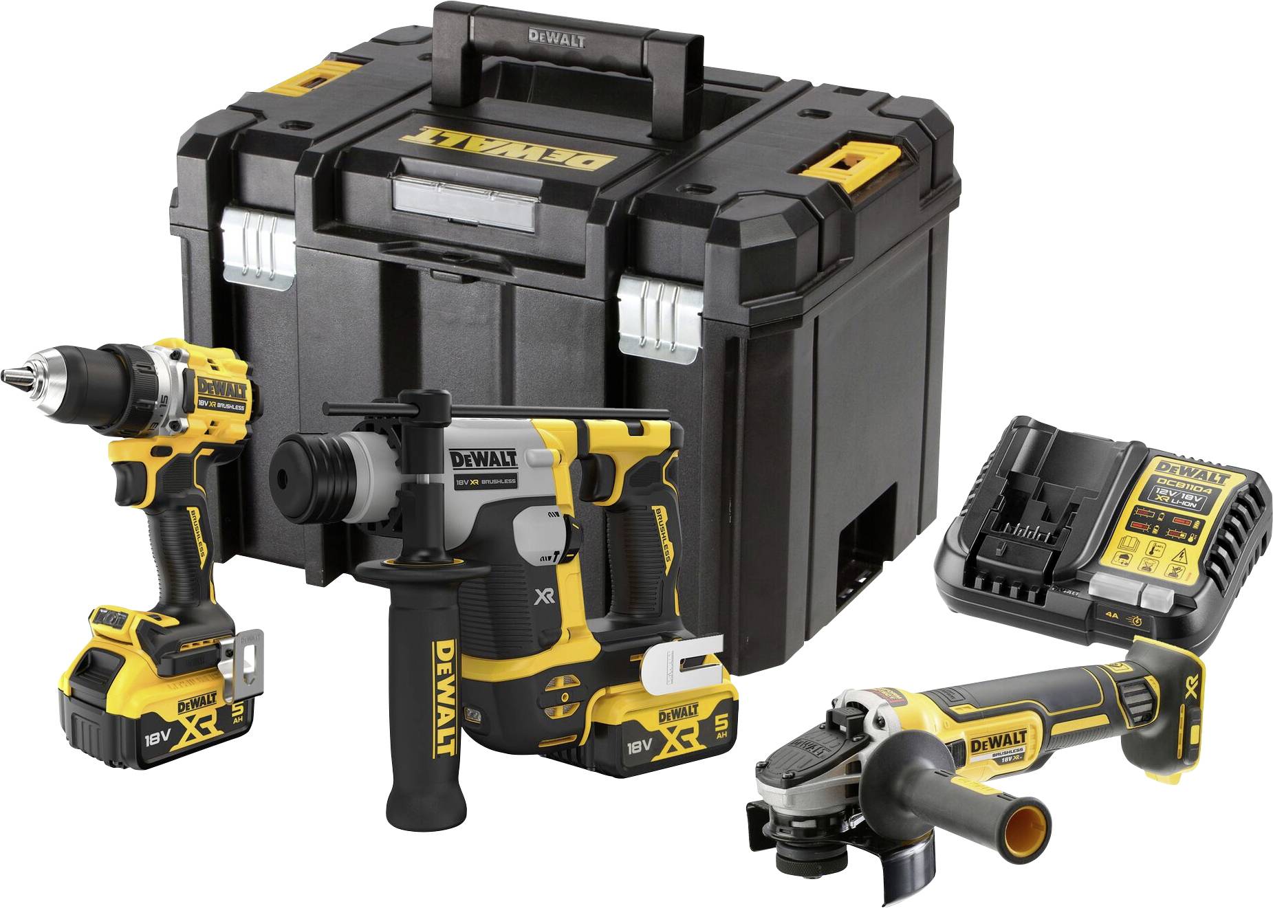 DEWALT DCK355P2T-QW Akku-Bohrschrauber, Akku-Bohrhammer, Akku-Winkelschleifer 18V 5Ah Li-Ion inkl. Akku, inkl. 2. Akku, inkl