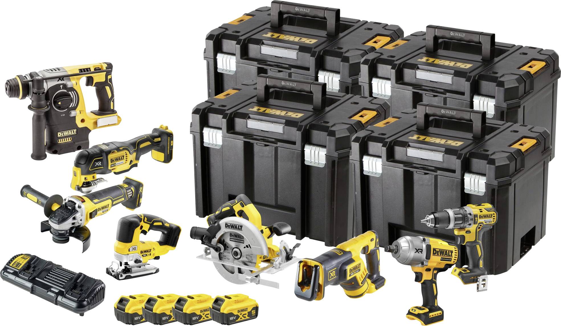 DEWALT DCK865P4T-QW Werkzeugset Akku-Schlagbohrschrauber, Akku-Schlagschrauber, Akku-Bohrhammer, Akku-Winkelschleifer, Akku-Säbelsäge, Akku-Multi-T