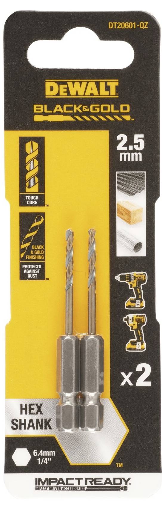DEWALT DT20601-QZ HSS-G Metall-Spiralbohrer 2 Stück 2.5 mm Gesamtlänge 60 mm korrosionsgeschützt S