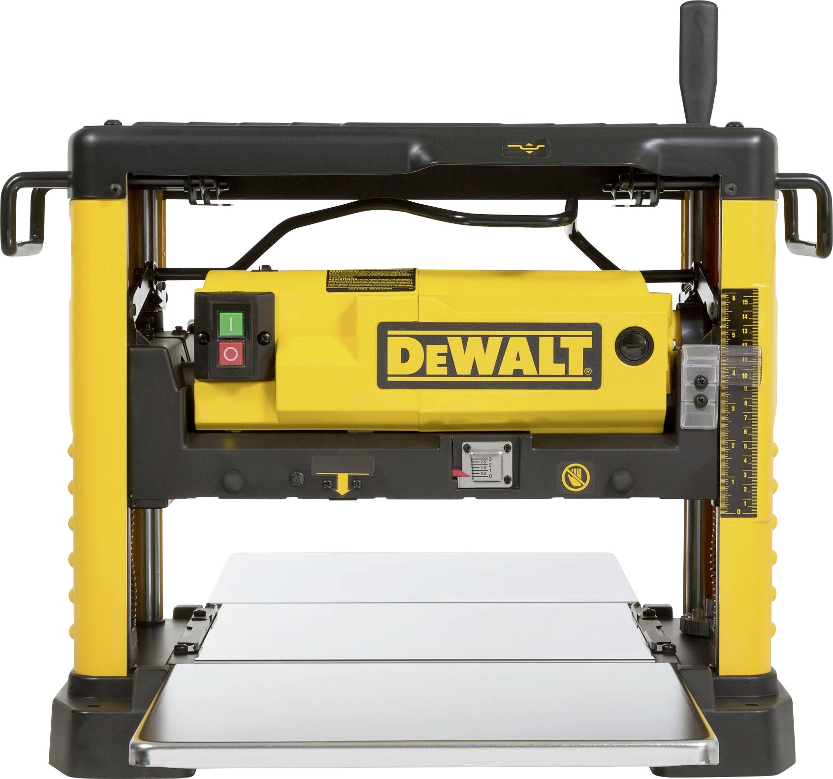 Eine gelb-schwarze Hobelmaschine der Marke Dewalt, geeignet für Holzarbeiten, mit Ein- und Ausschalter und Verstellskala.
