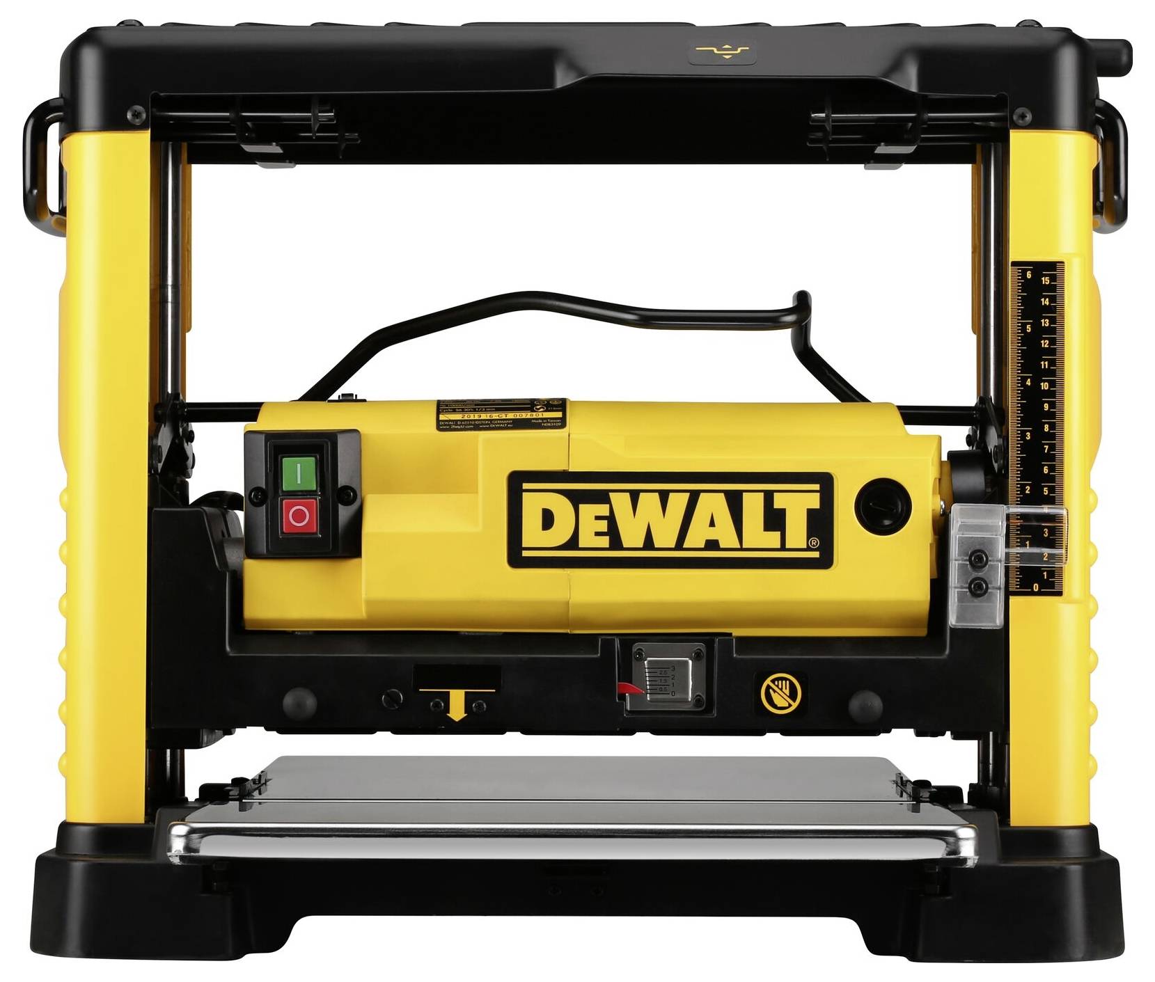 Gelbe DeWalt-Hobelmaschine mit schwarzen Details und Bedienknöpfen. Geeignet für präzise Holzbearbeitung in Werkstätten.
