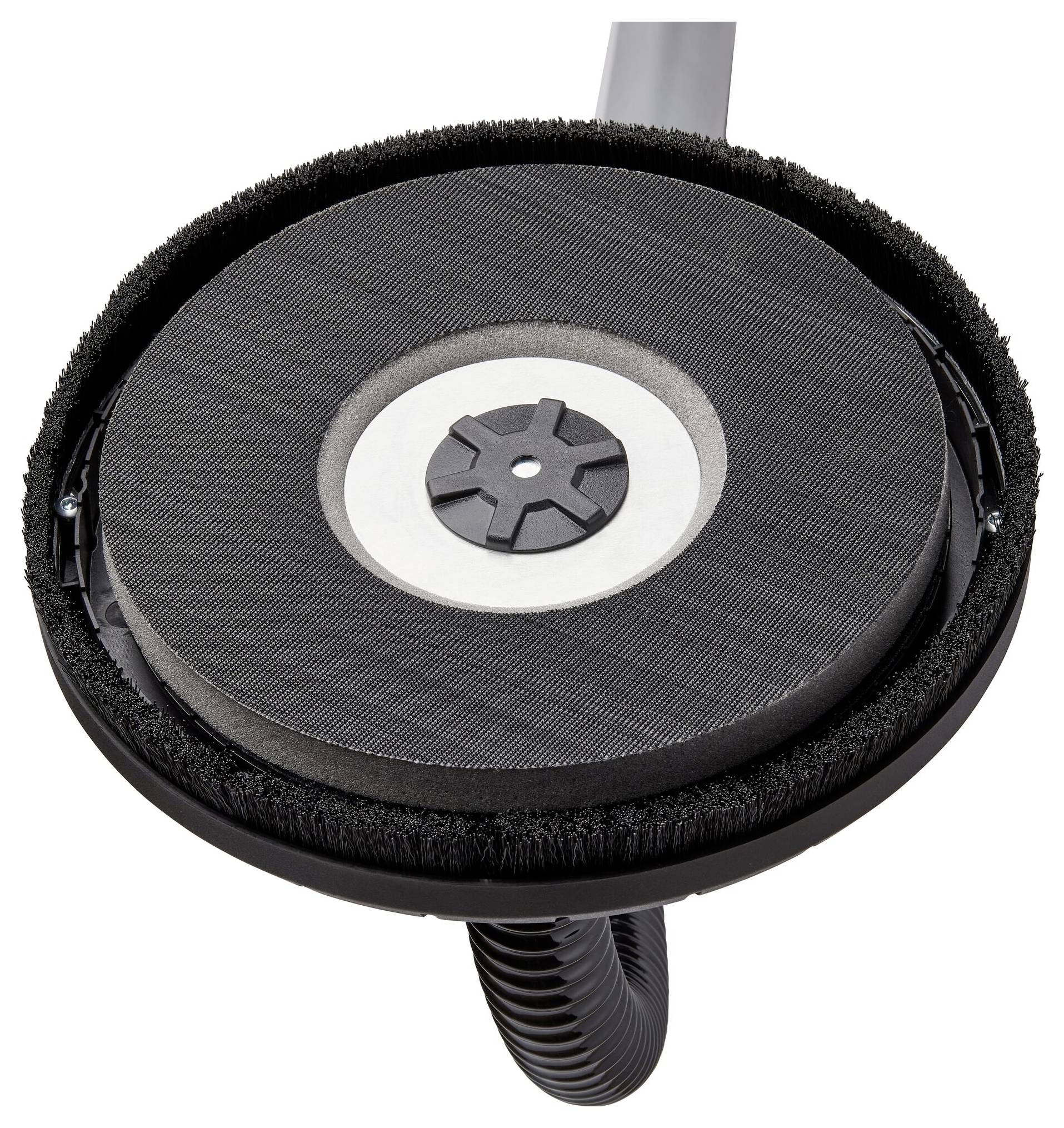 Oberansicht eines Schleifkopfs mit rundem Schleifpad und Borstenrand, befestigt an einem flexiblen Schlauch.