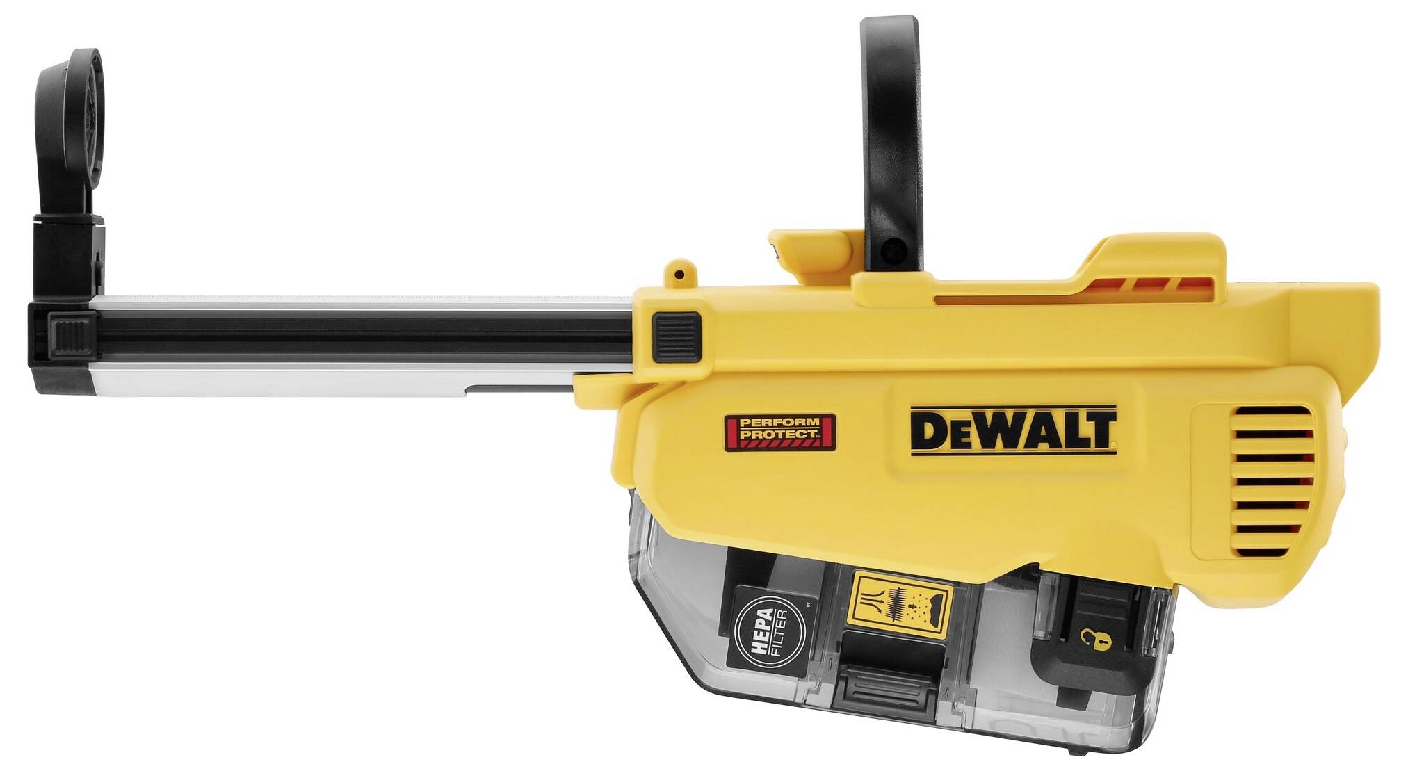 Ein gelber Staubabsaugeraufsatz von DeWalt mit schwarzem und transparentem Kunststoffteil.