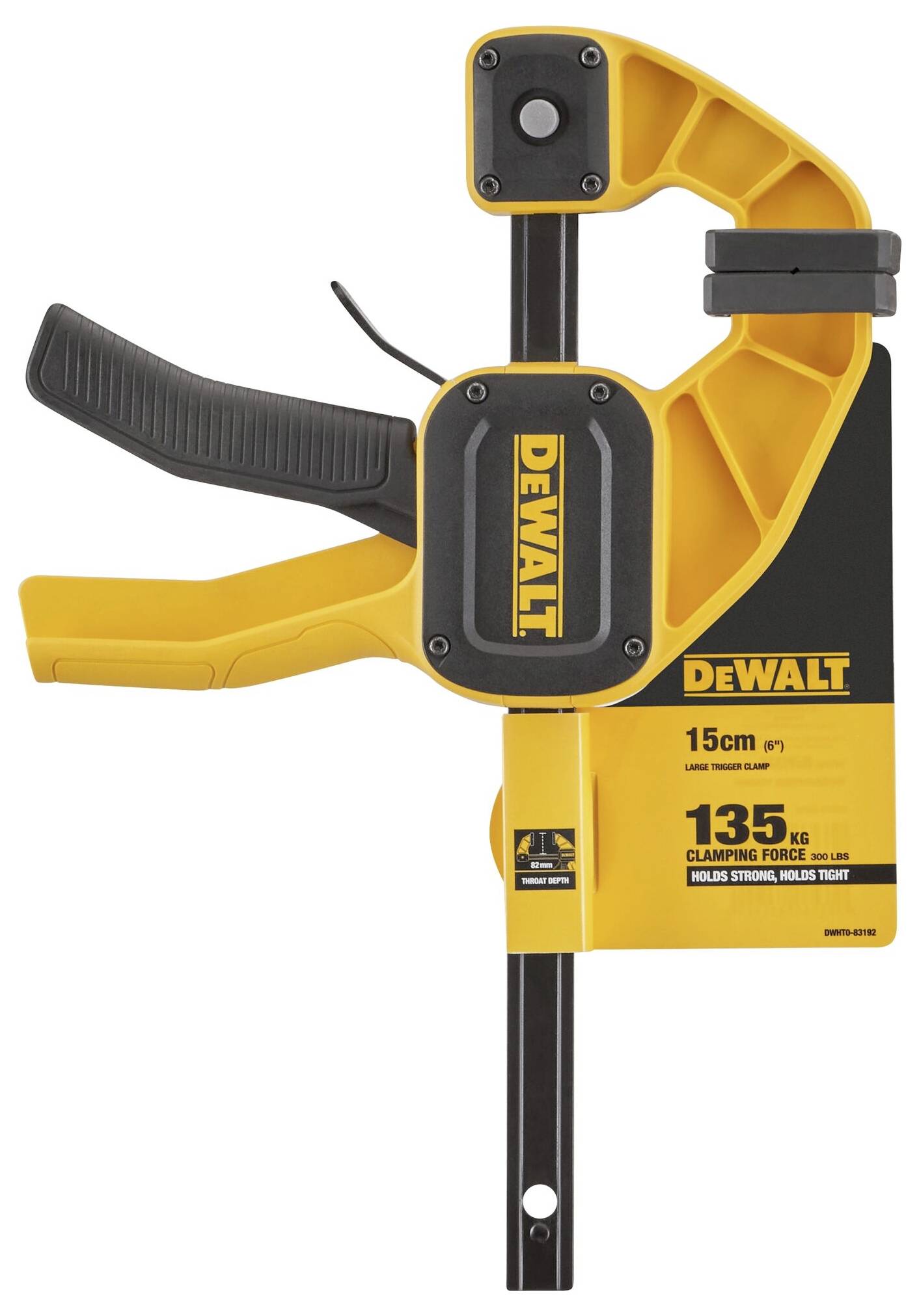 Gelber DeWalt Einhandzwinge mit 15 cm Spannweite, 135 kg Spannkraft, seitlicher Hebelgriff und schwarzem Metallstab.