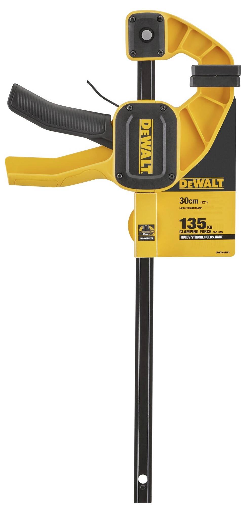 Eine gelbe Einhandzwinge der Marke Dewalt mit 30 cm Spannweite, geeignet für leichte bis mittlere Arbeiten. Hebel und Griff sind schwarz.