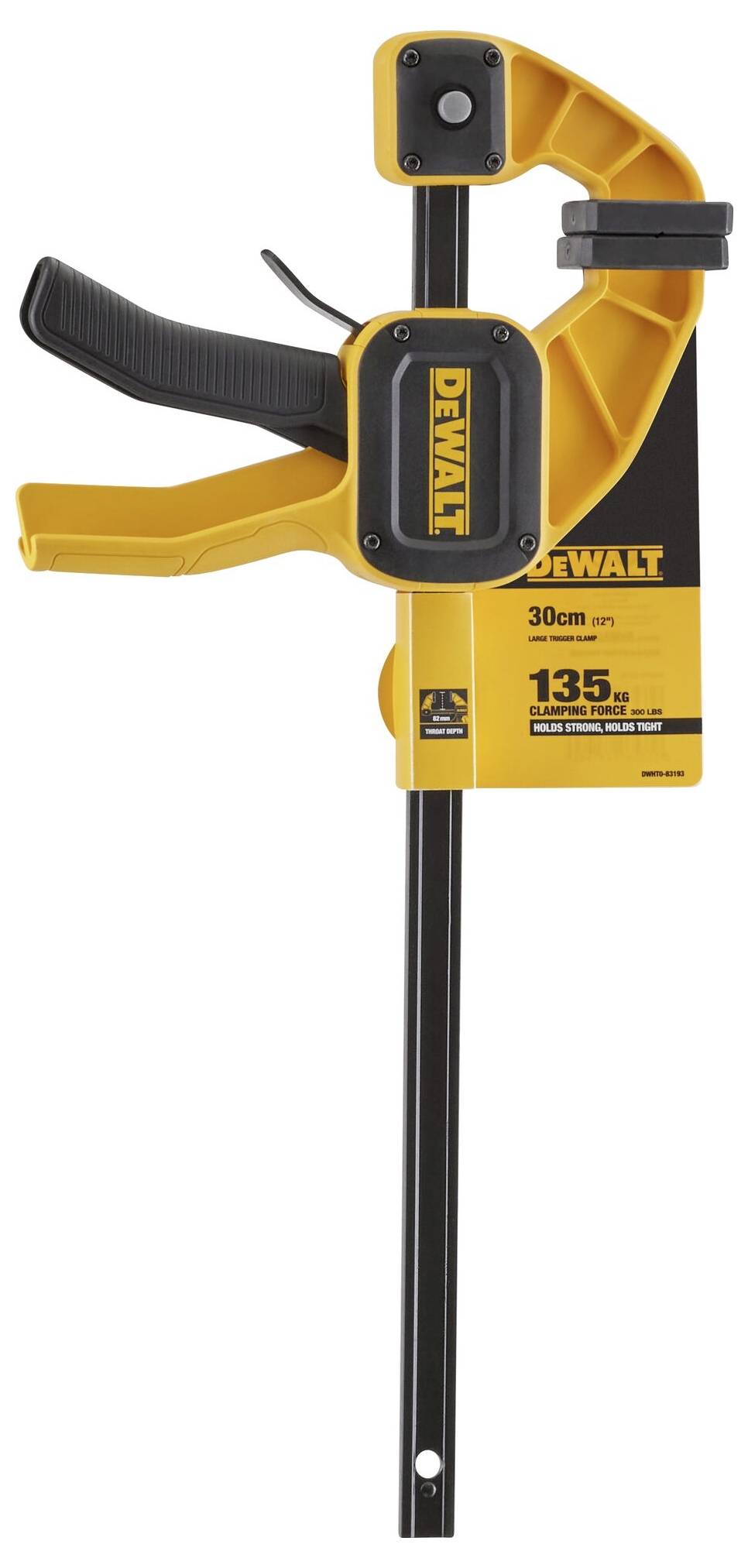 Eine gelbe Dewalt-Klemme, 30 cm lang, mit einem Druck von bis zu 135 kg. Dient zum Fixieren von Werkstücken beim Bearbeiten.