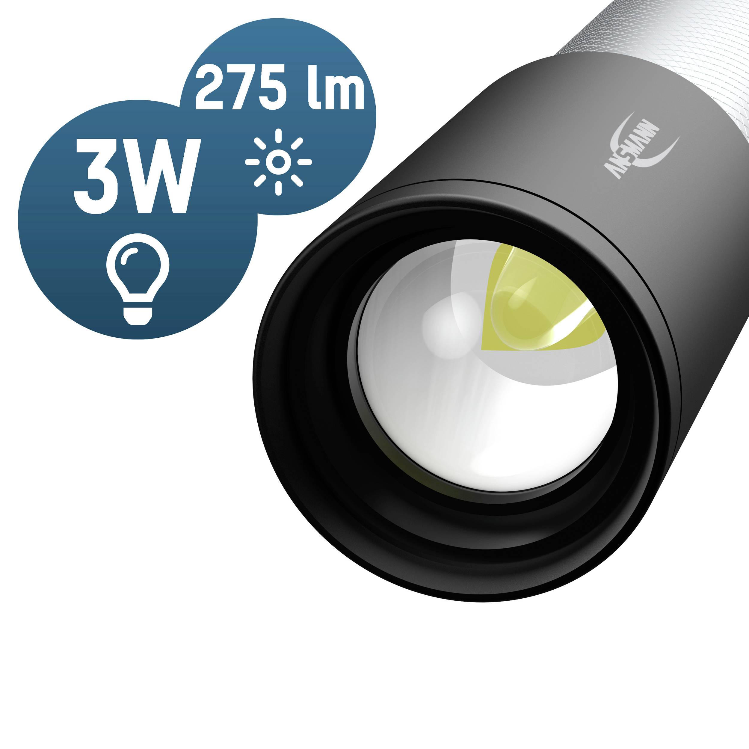 Taschenlampe mit 3W Leistung und 275 Lumen, Markenname sichtbar. Fokussierte Linse in Nahaufnahme, daneben Symbole für Leistung und Helligkeit.