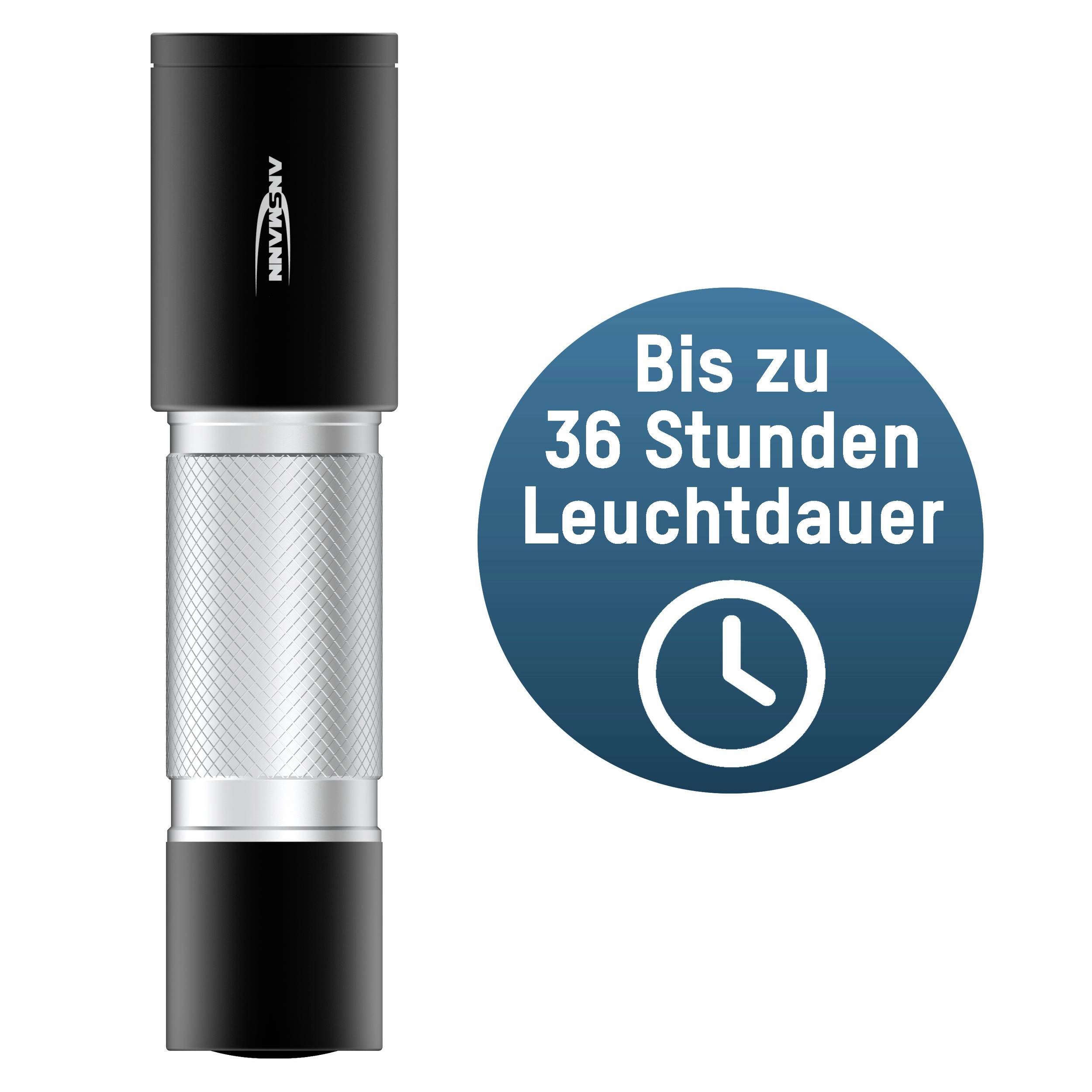 Eine Taschenlampe neben einem Text: 'Bis zu 36 Stunden Leuchtdauer'.