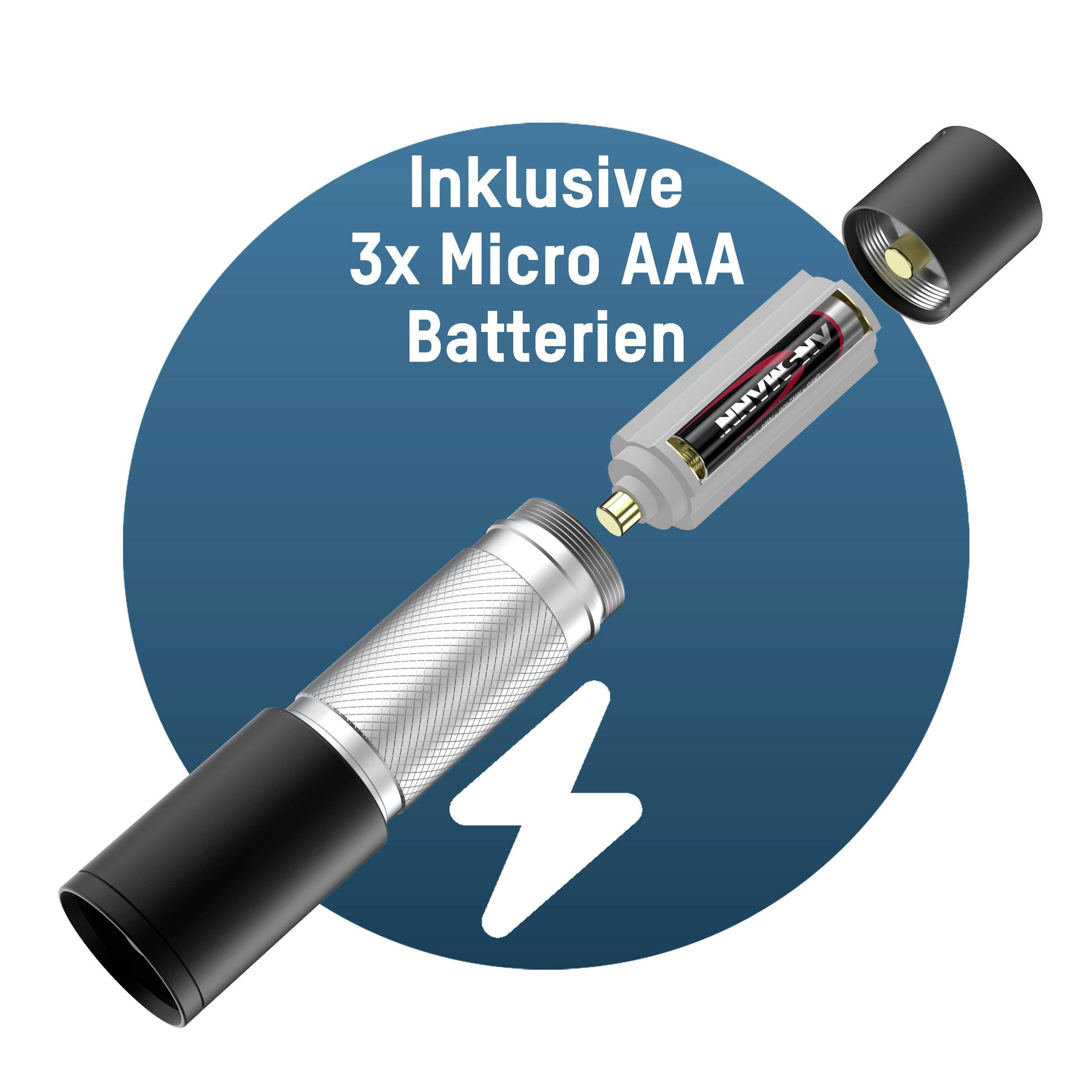 'Taschenlampe mit Batterien betrieben' und 'Inklusive 3x Micro AAA Batterien' auf blauem Hintergrund.