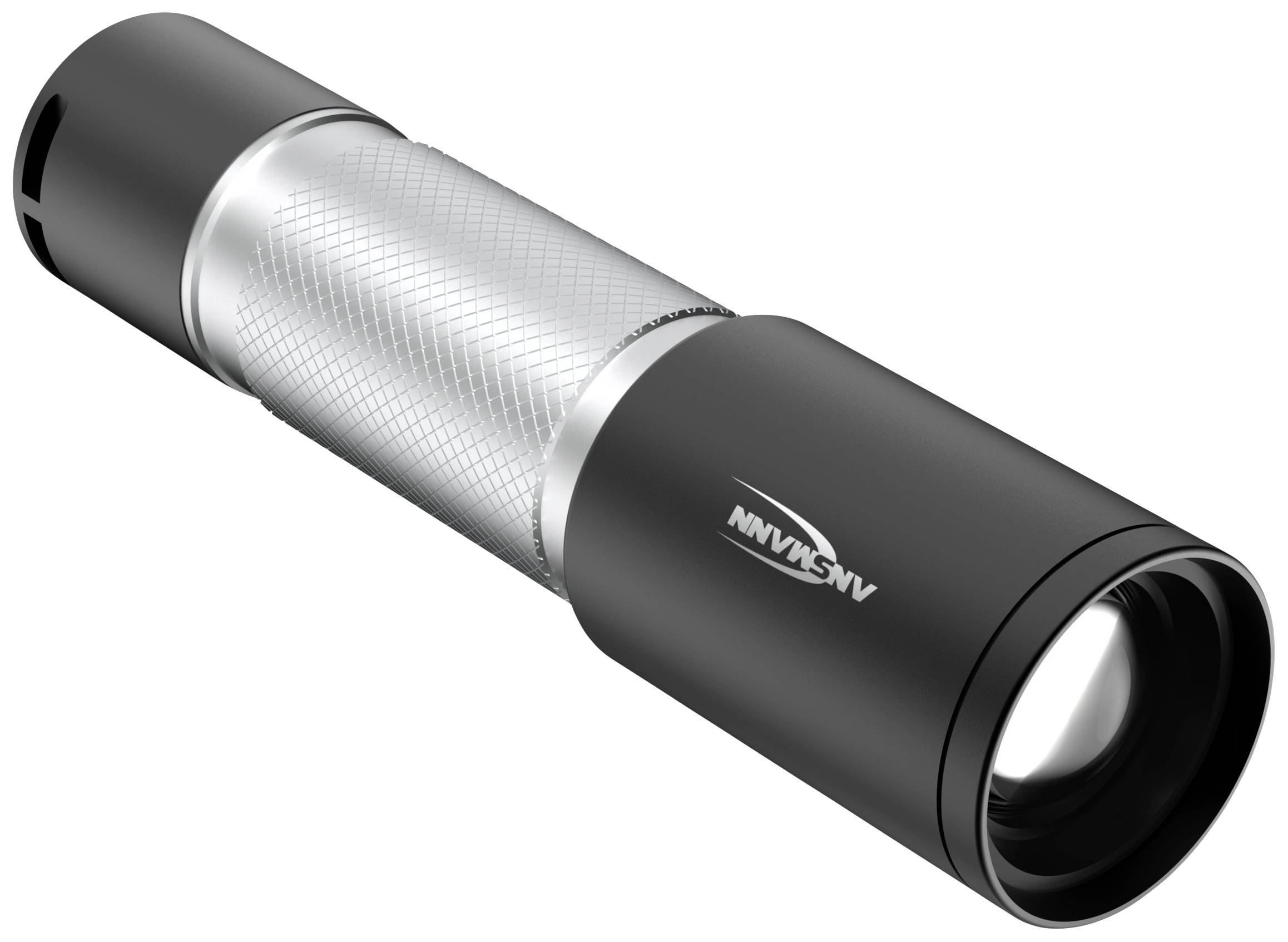 Eine schwarze Metall-Taschenlampe mit geriffeltem Griff. Die Linsenöffnung ist vorne sichtbar.