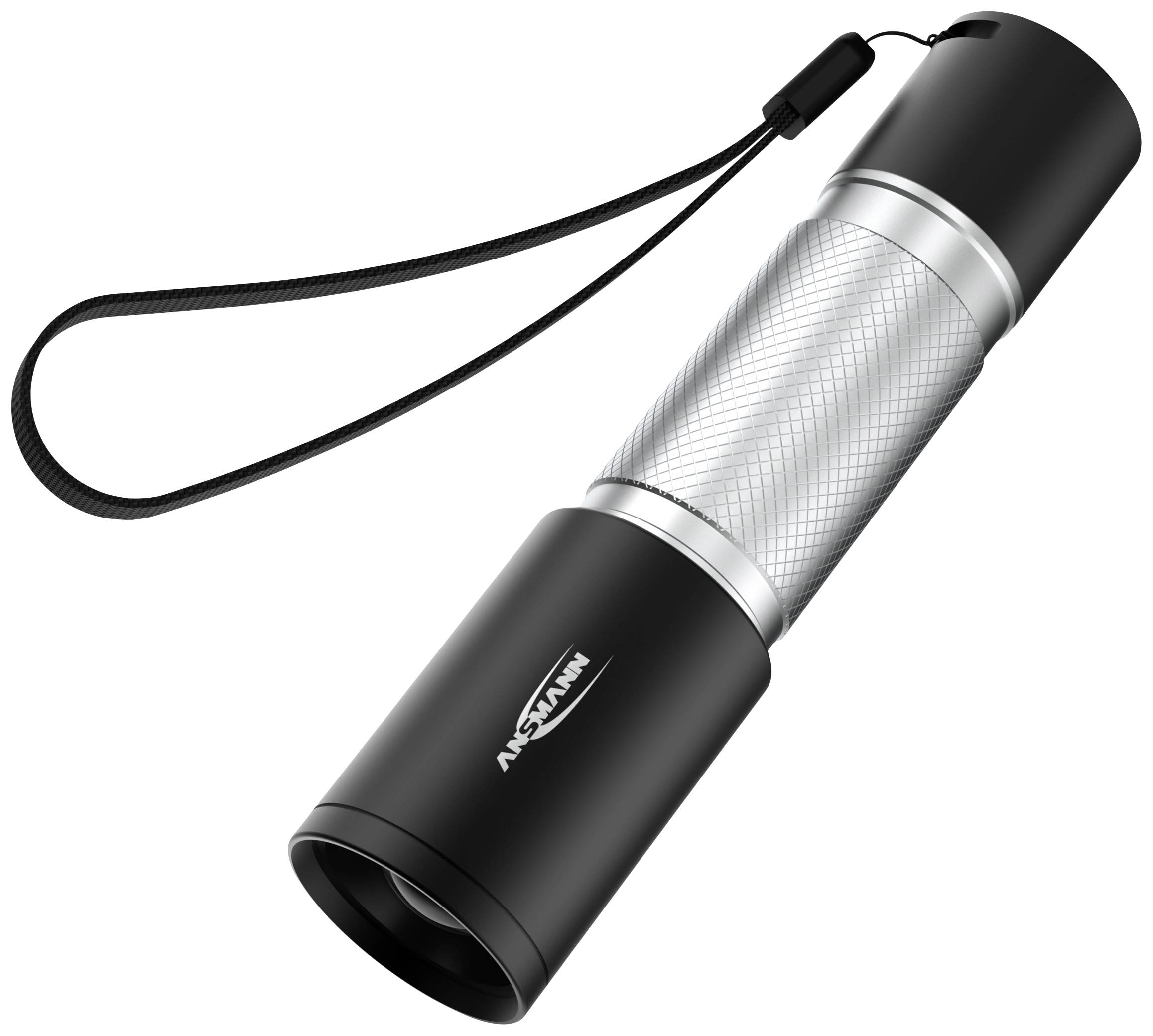 Schwarze Taschenlampe mit silbernem Griff und Handschlaufe, liegt schräg.
