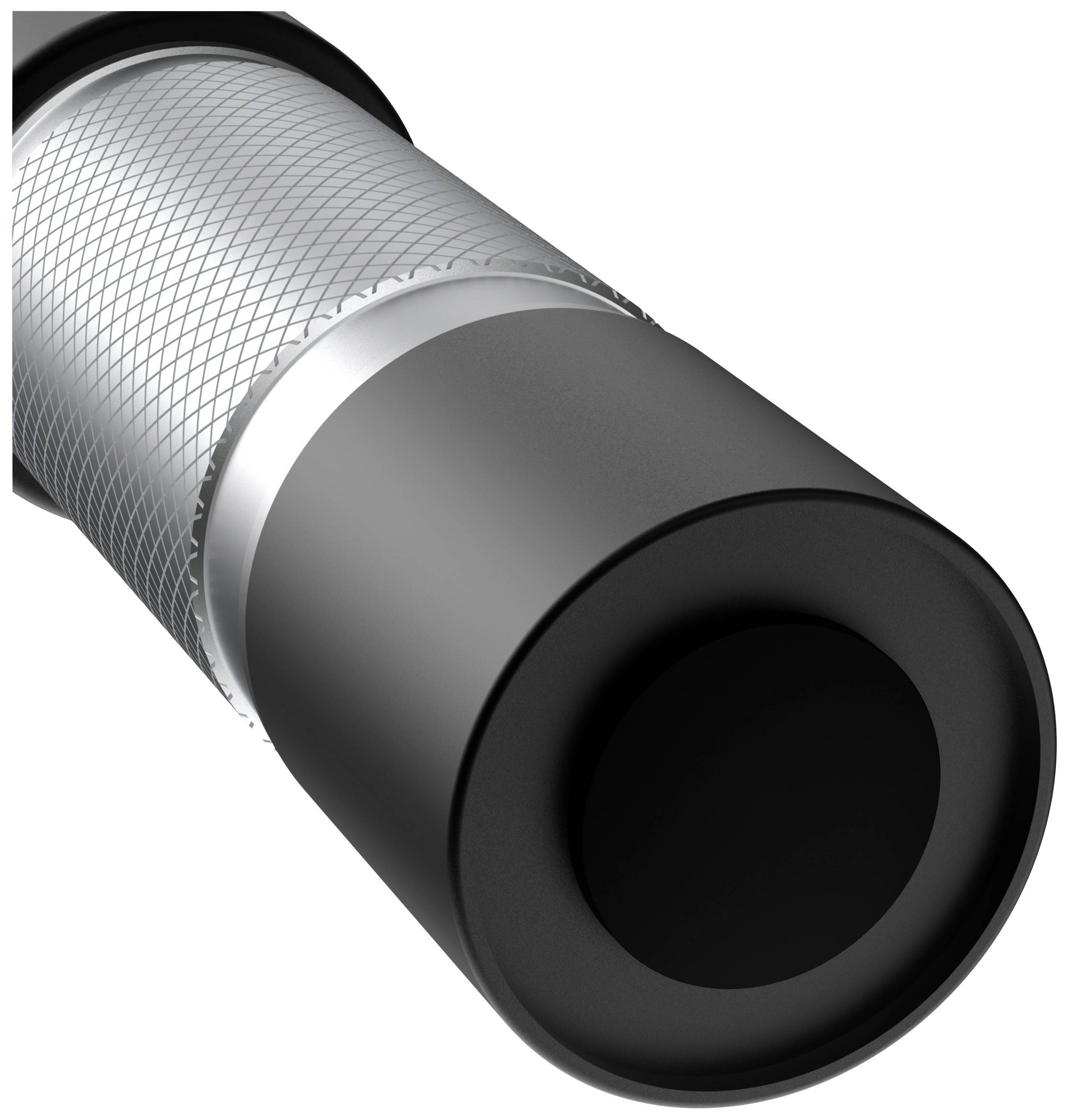 Schwarz-silberner Carbonfaser-Zylinder, seitliche Nahaufnahme, zeigt Textur und Form.