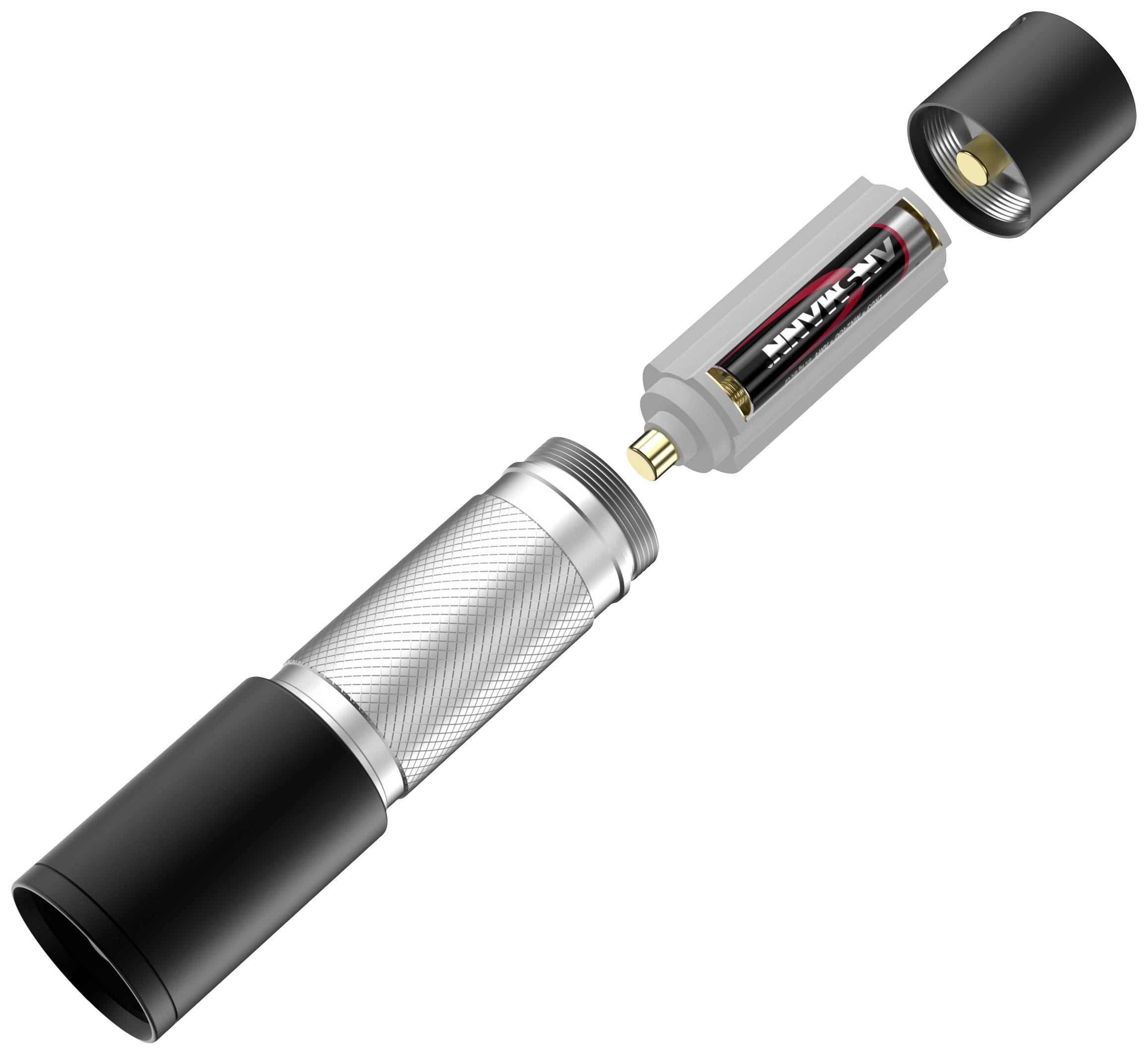 Explosionszeichnung einer Taschenlampe mit herausnehmbarem Batteriefach und sichtbarer Batterie in einem zylindrischen Gehäuse.
