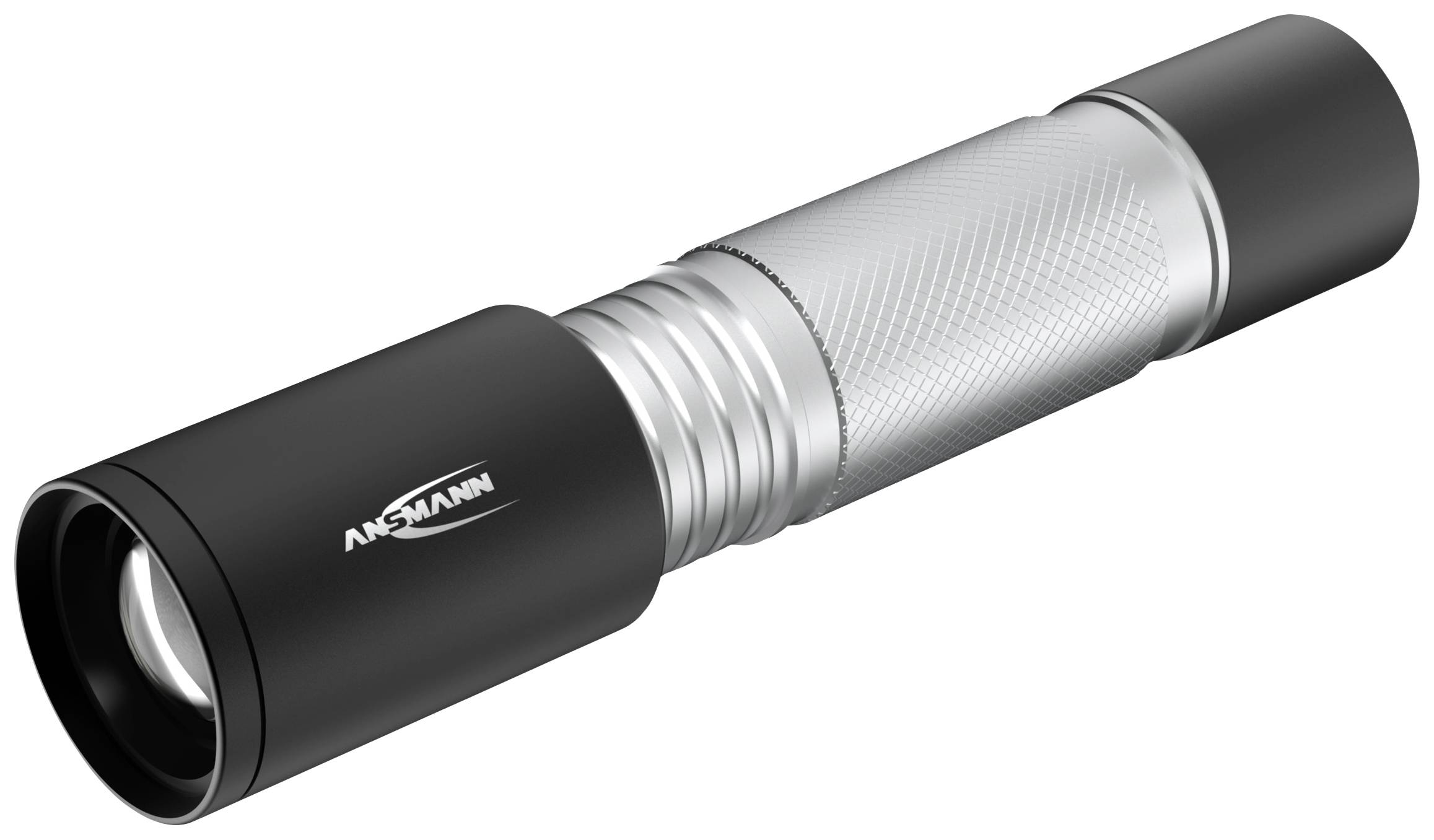 Taschenlampe mit silbernem Griff und schwarzem Kopf. Sie hat ein schlichtes, modernes Design und das Logo 'Ansmann' auf dem Kopf.