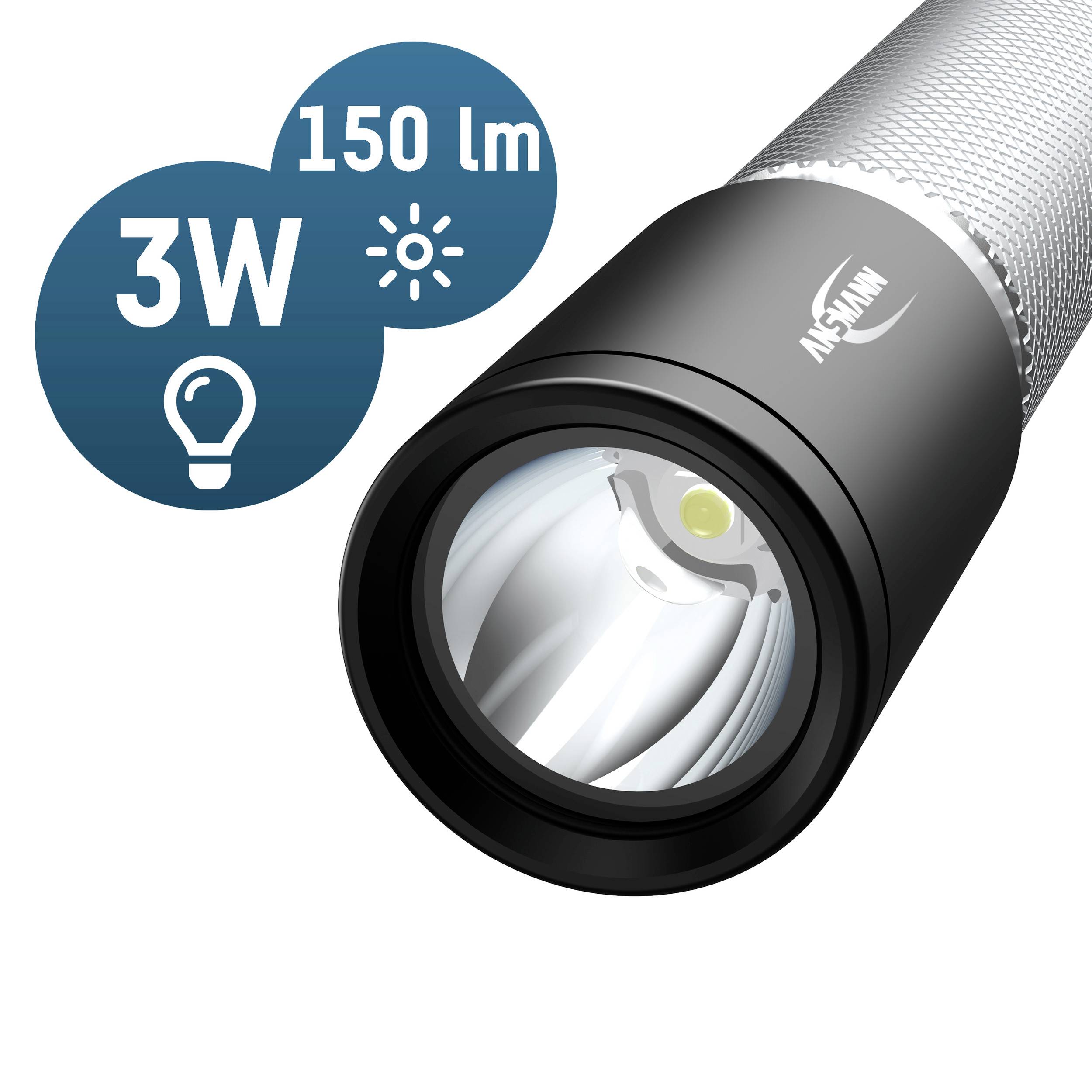 Taschenlampe mit 3 Watt Leistung, 150 Lumen Helligkeit. Großer Ein-/Ausschalter, geeignet für Outdoor-Aktivitäten.