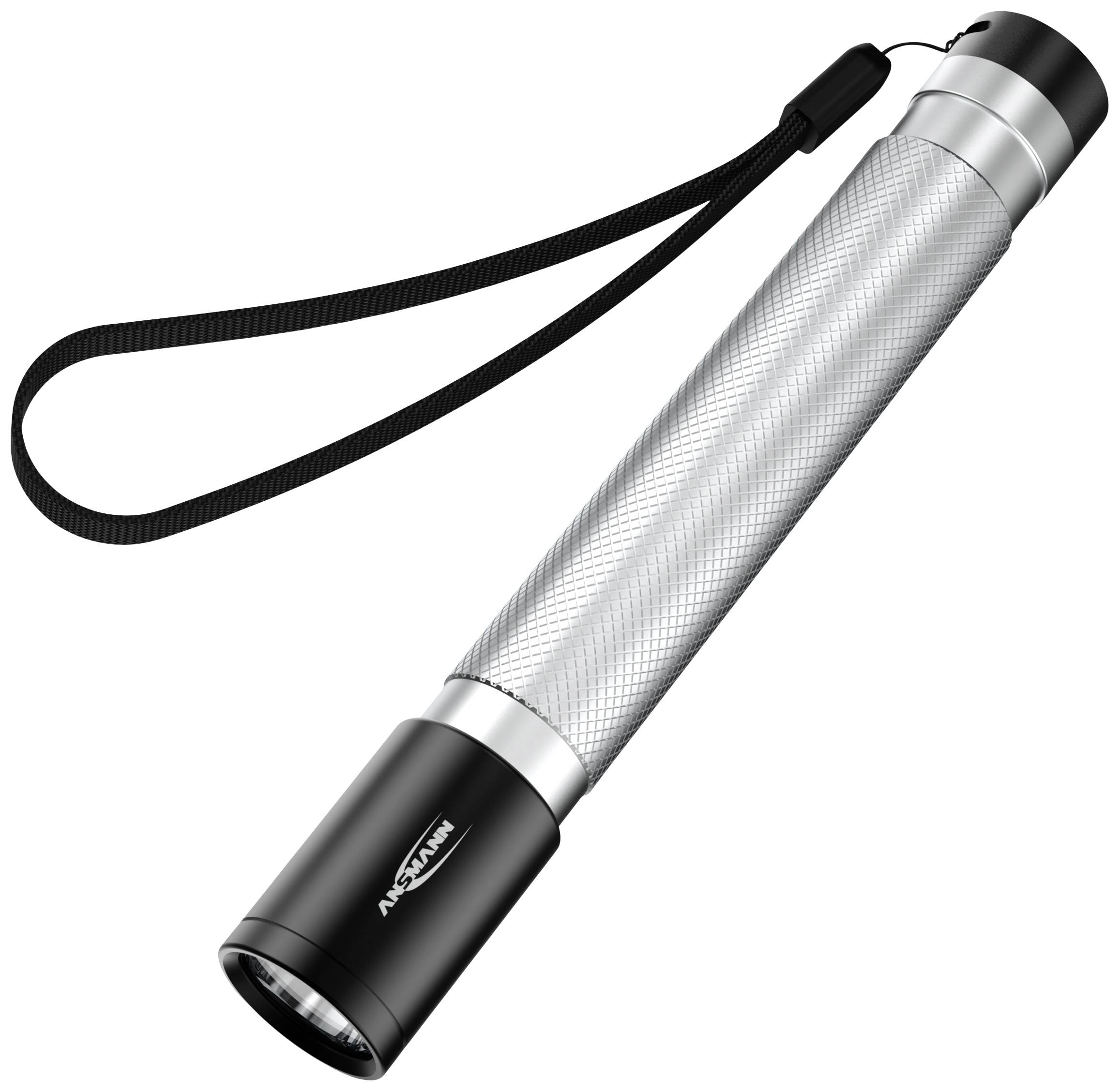 Eine silberne Taschenlampe mit rutschfestem Griff und schwarzer Schlaufe.