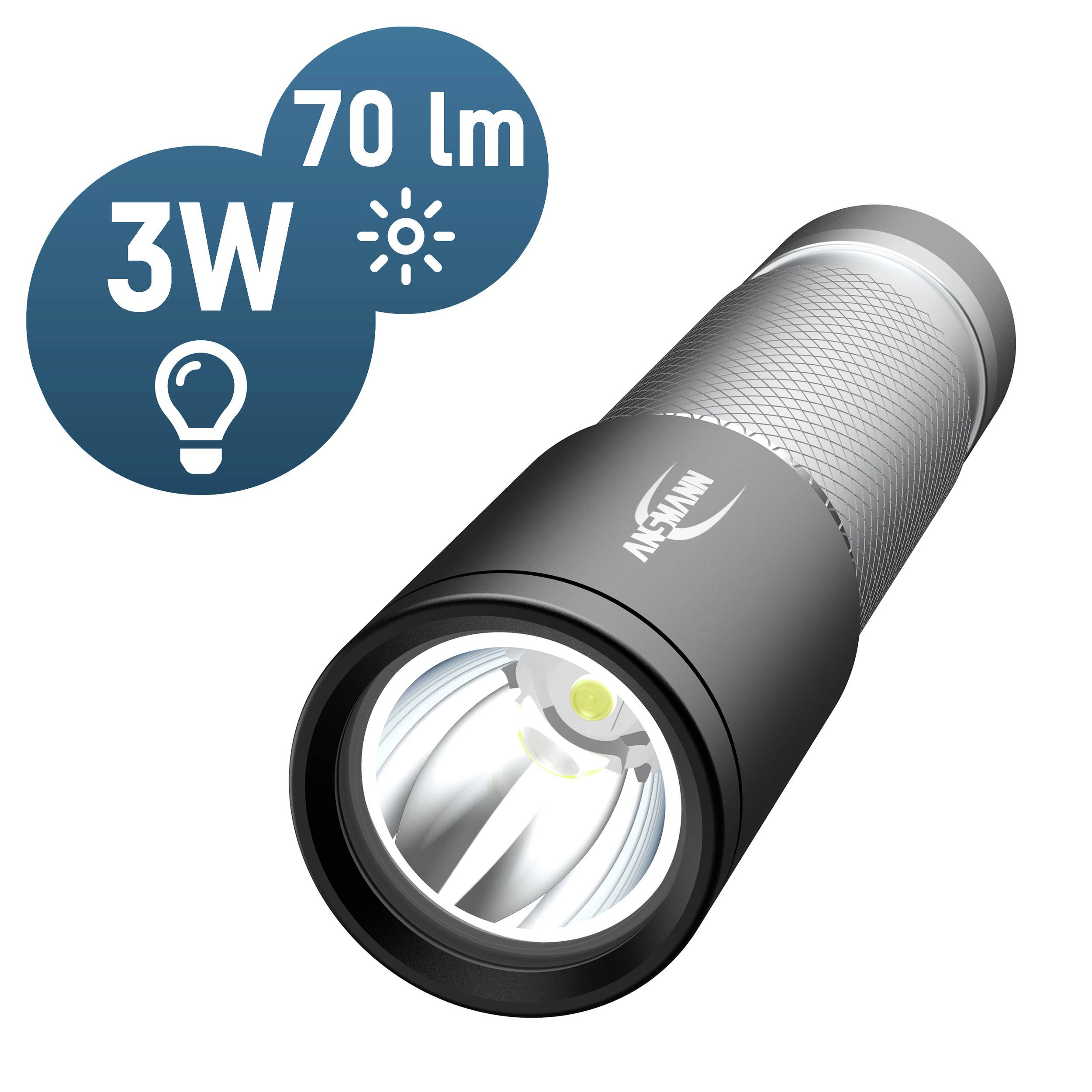 Taschenlampe mit silbernem Griff und schwarzem Kopf. Text zeigt '3W 70 lm', was auf die Leistung und Helligkeit hinweist.