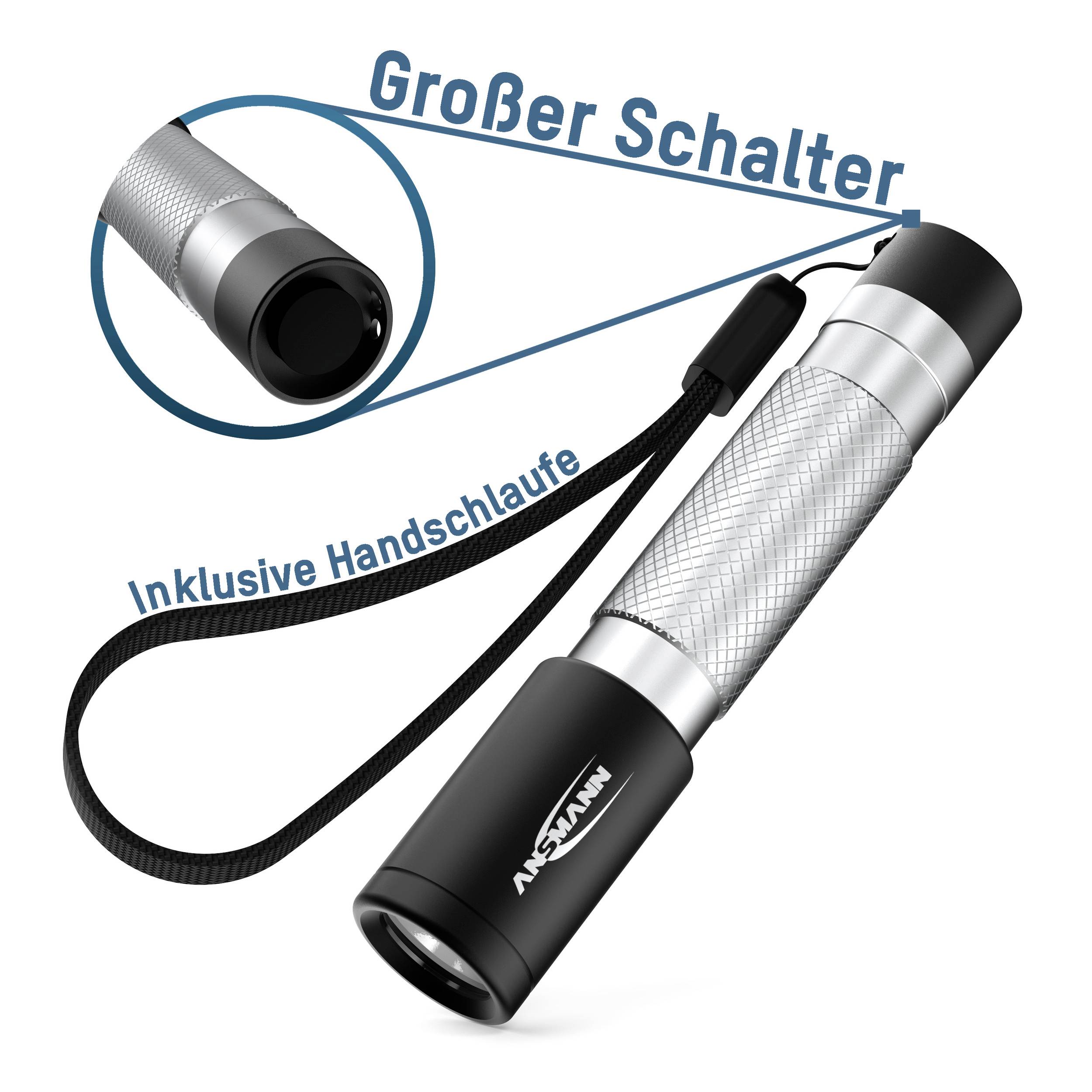 Taschenlampe mit Handschlaufe und großem Schalter. Silbernes Gehäuse, rutschfeste Grifffläche. Markiert 'Großer Schalter' und 'inklusive Handschlaufe'.