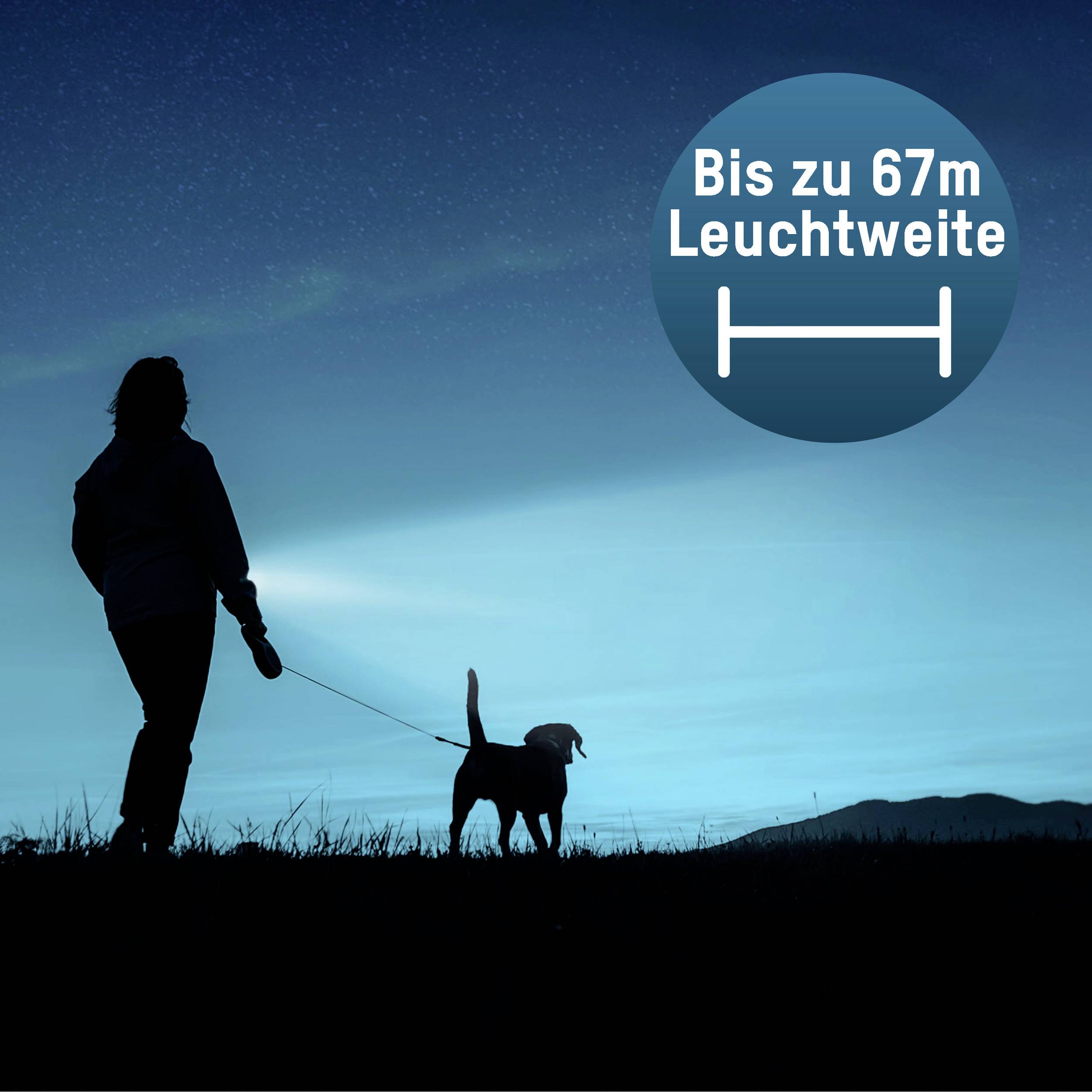 Eine Person geht mit einem Hund nachts spazieren, hält eine Taschenlampe, die bis zu 67 m leuchtet.