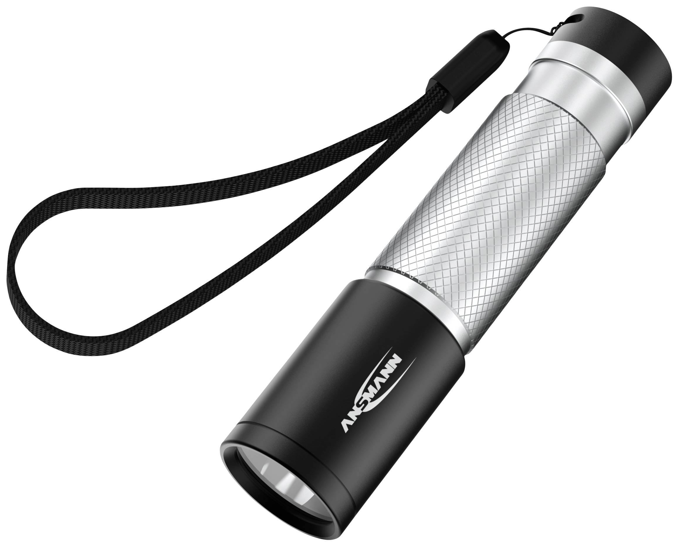 Silberne Taschenlampe mit schwarzem Griff und Trageschlaufe, markiert mit 'ANSMANN'. Ideal für Outdoor-Aktivitäten oder Notfälle.