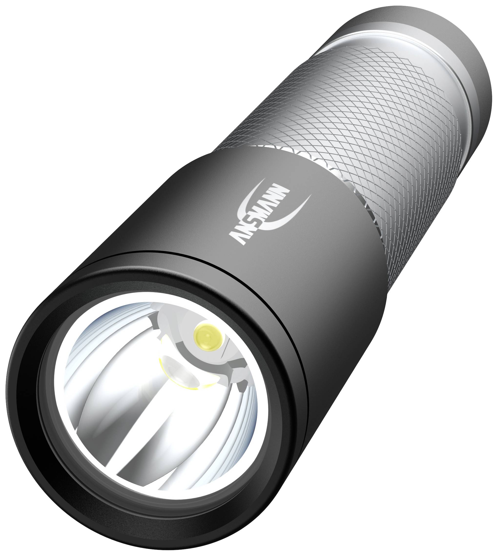 Schwarze Taschenlampe mit geriffeltem Griff und silbernem Reflektor, strahlt helles Licht aus.