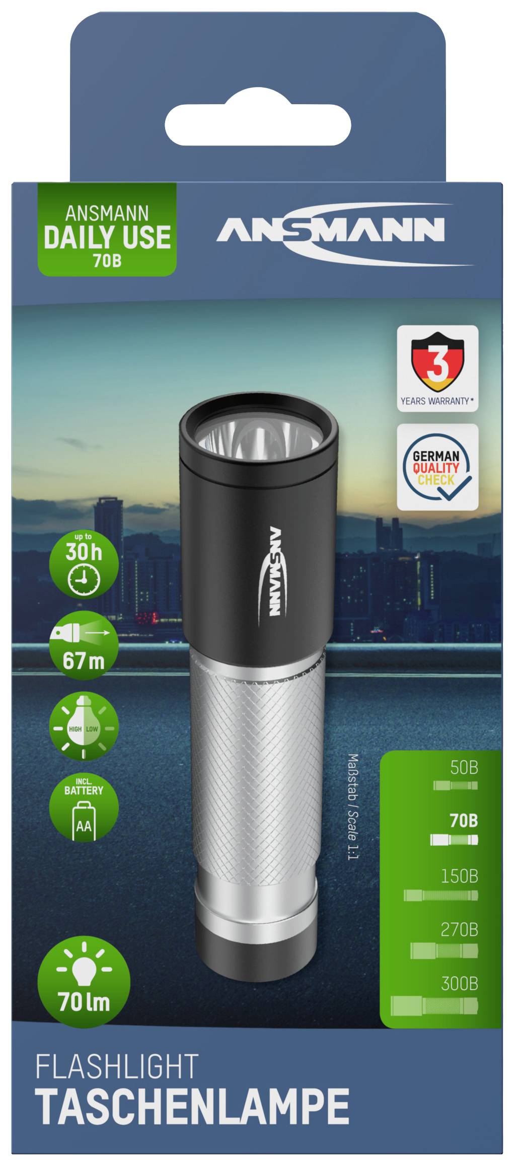 Taschenlampe von Ansmann, Modell DAILY USE 70B, 30 Stunden Laufzeit, 67 m Reichweite, inkl. Batterie. Prüfzeichen 3 Jahre Garantie.