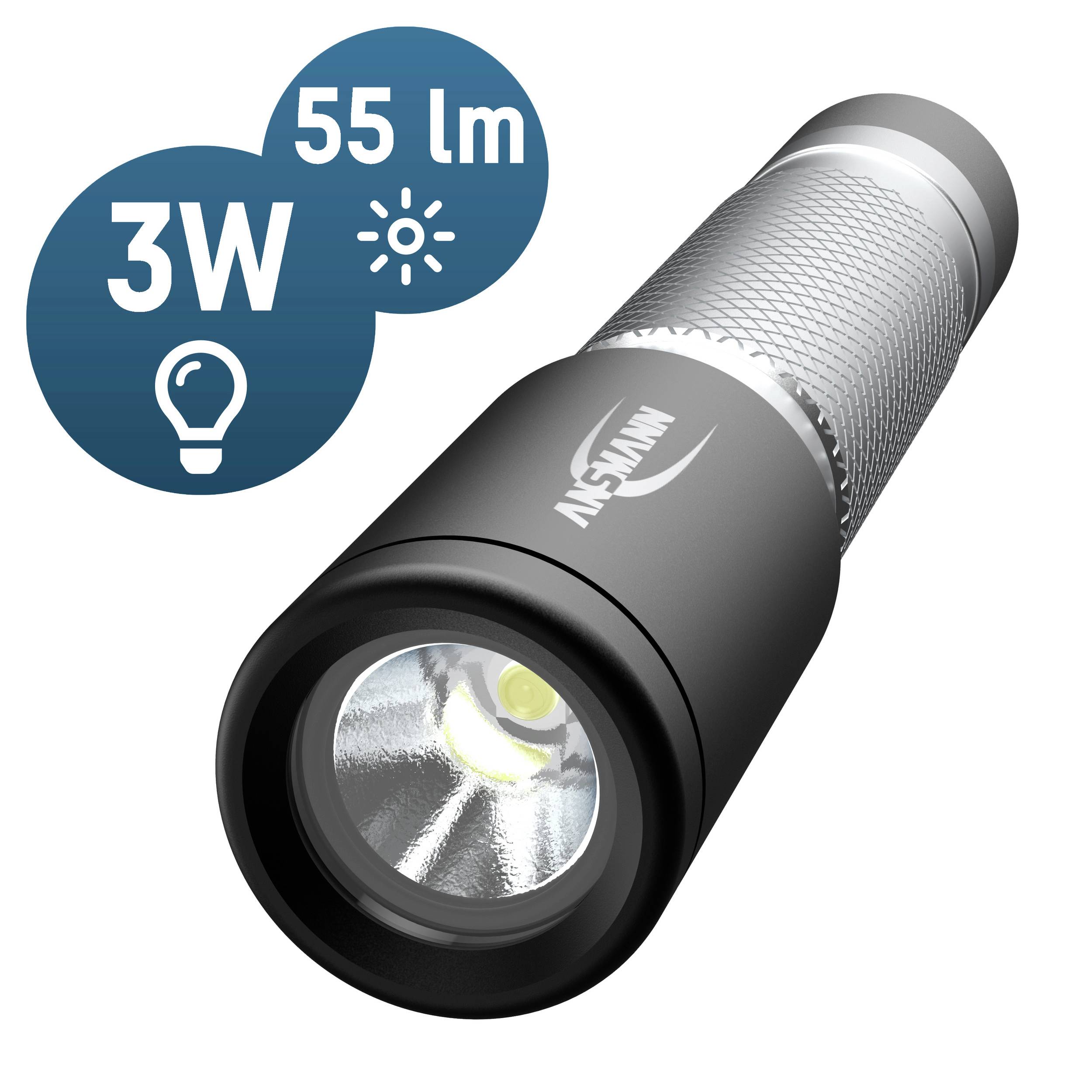 Eine schwarze Taschenlampe mit silbernem Griff, bezeichnet mit '3W' und '55 lm', was Leistung und Helligkeit darstellt.