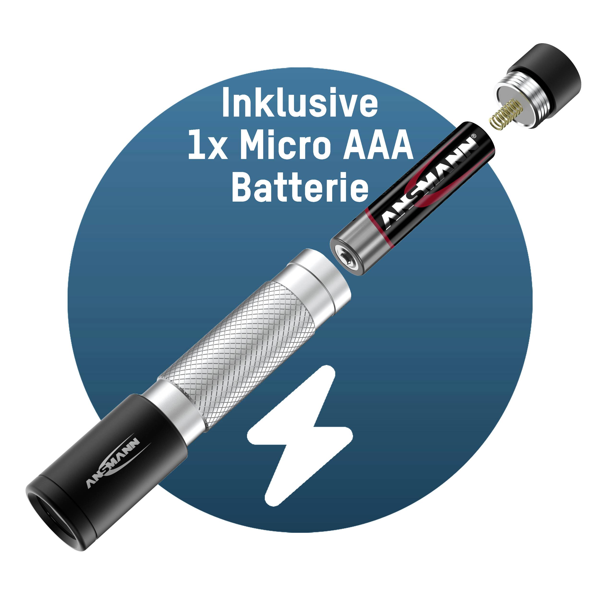 'Taschenlampe' mit herausgenommener Batterie. Der Text lautet: 'Inklusive 1x Micro AAA Batterie'.