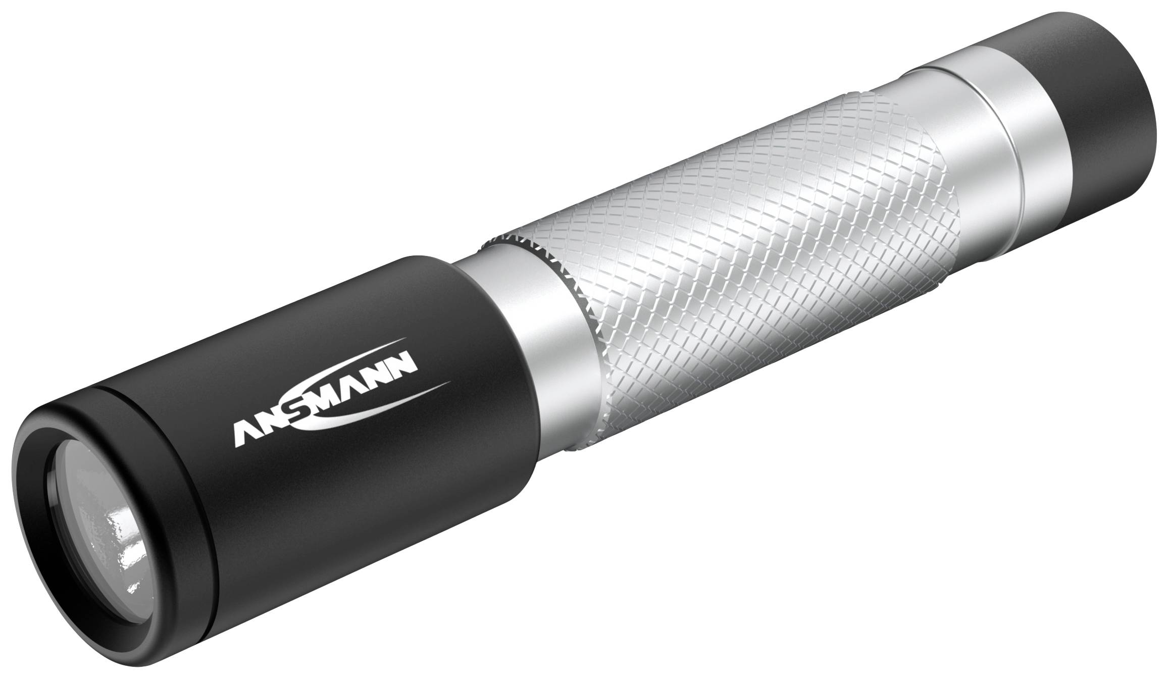 Taschenlampe mit schwarzem und silbernem Gehäuse, geriffelter Griff, kompakt und tragbar, geeignet für Outdoor-Aktivitäten.