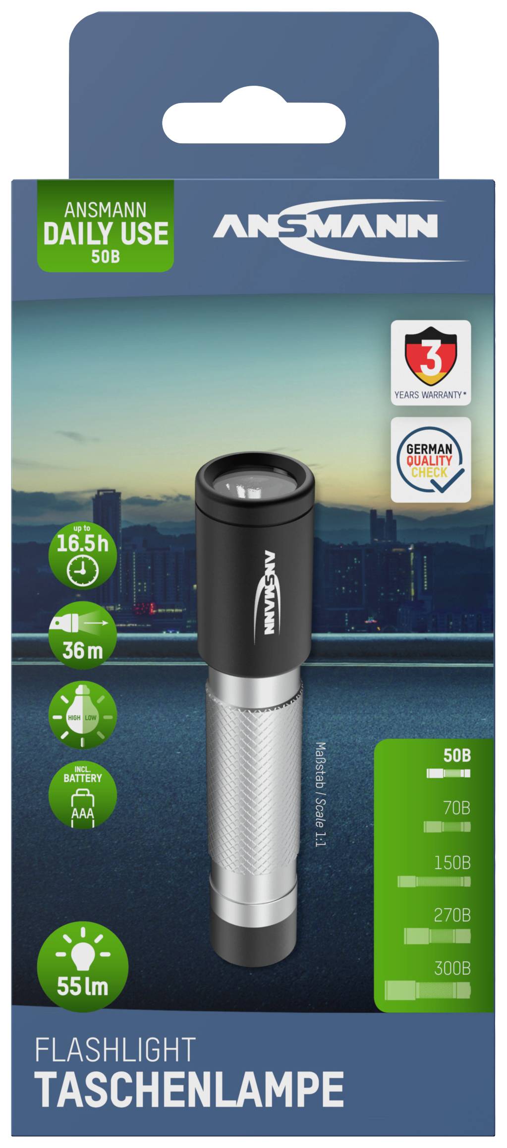 Taschenlampe: 16,5h Leuchtdauer, 36m Reichweite, 55 Lumen. Enthält 5GB Batterie und wurde prämiert mit einem Preis für hohe Qualität.