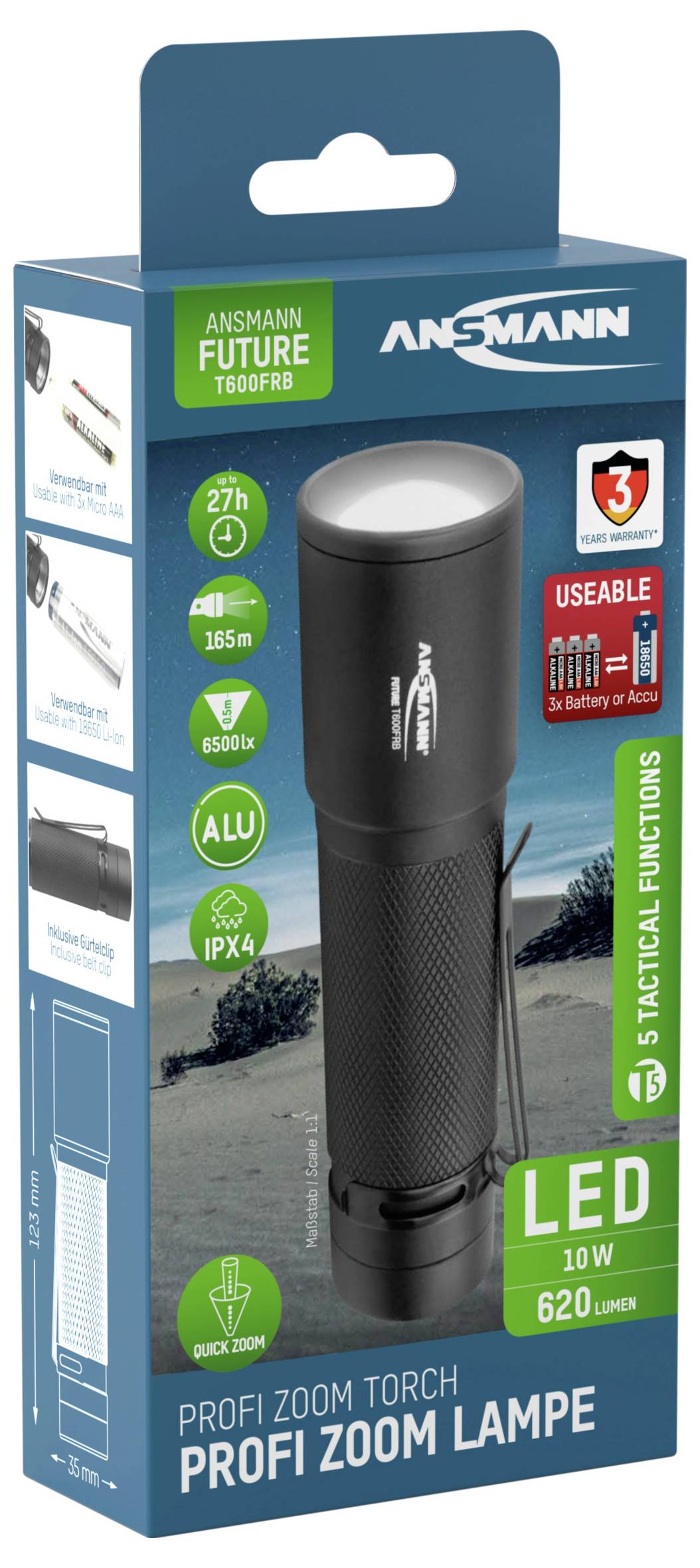 Ansmann T600FRB LED Taschenlampe batteriebetrieben, akkubetrieben 620lm 27h 142g