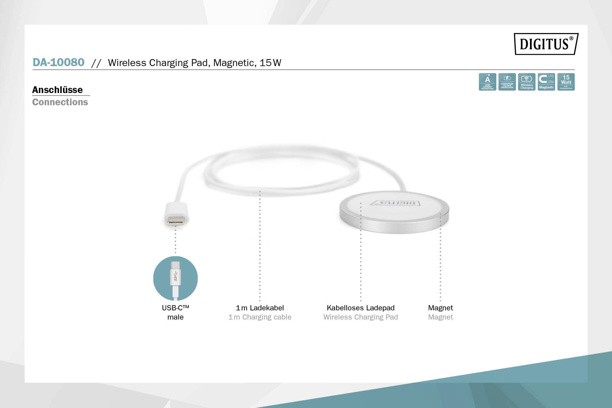DA-10080 // Magnetisches drahtloses Ladegerät, 15W, mit USB-C™ Stecker, 1m Ladekabel und magnetischer Ladestation.