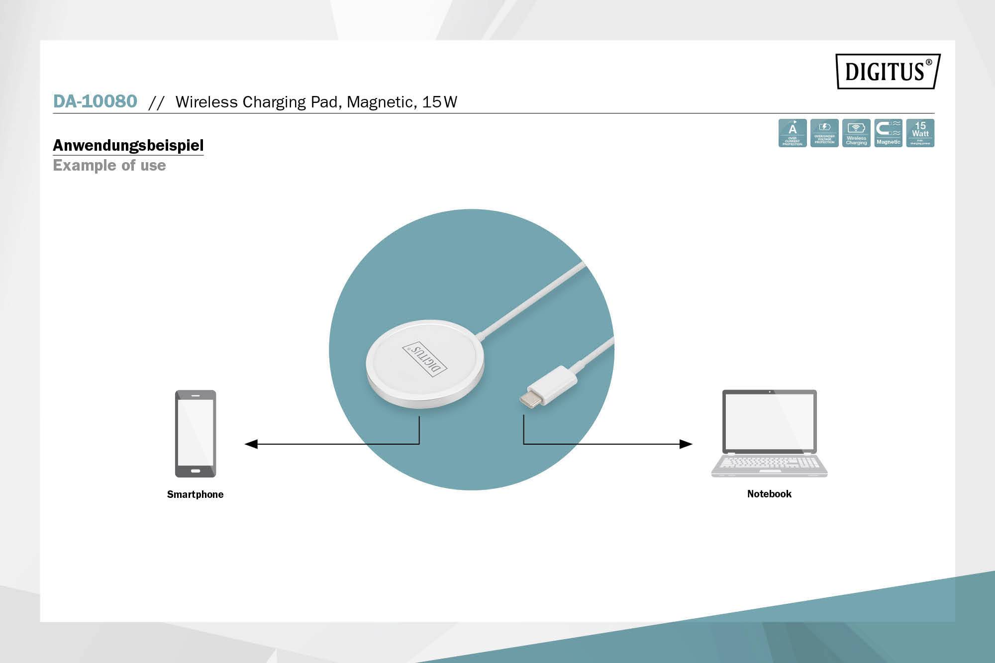 Das Bild zeigt eine kabellose Ladeplatte, die mit einem Laptop verbunden ist, wobei Pfeile andeuten, dass sowohl ein Smartphone als auch ein Notebook geladen werden können.