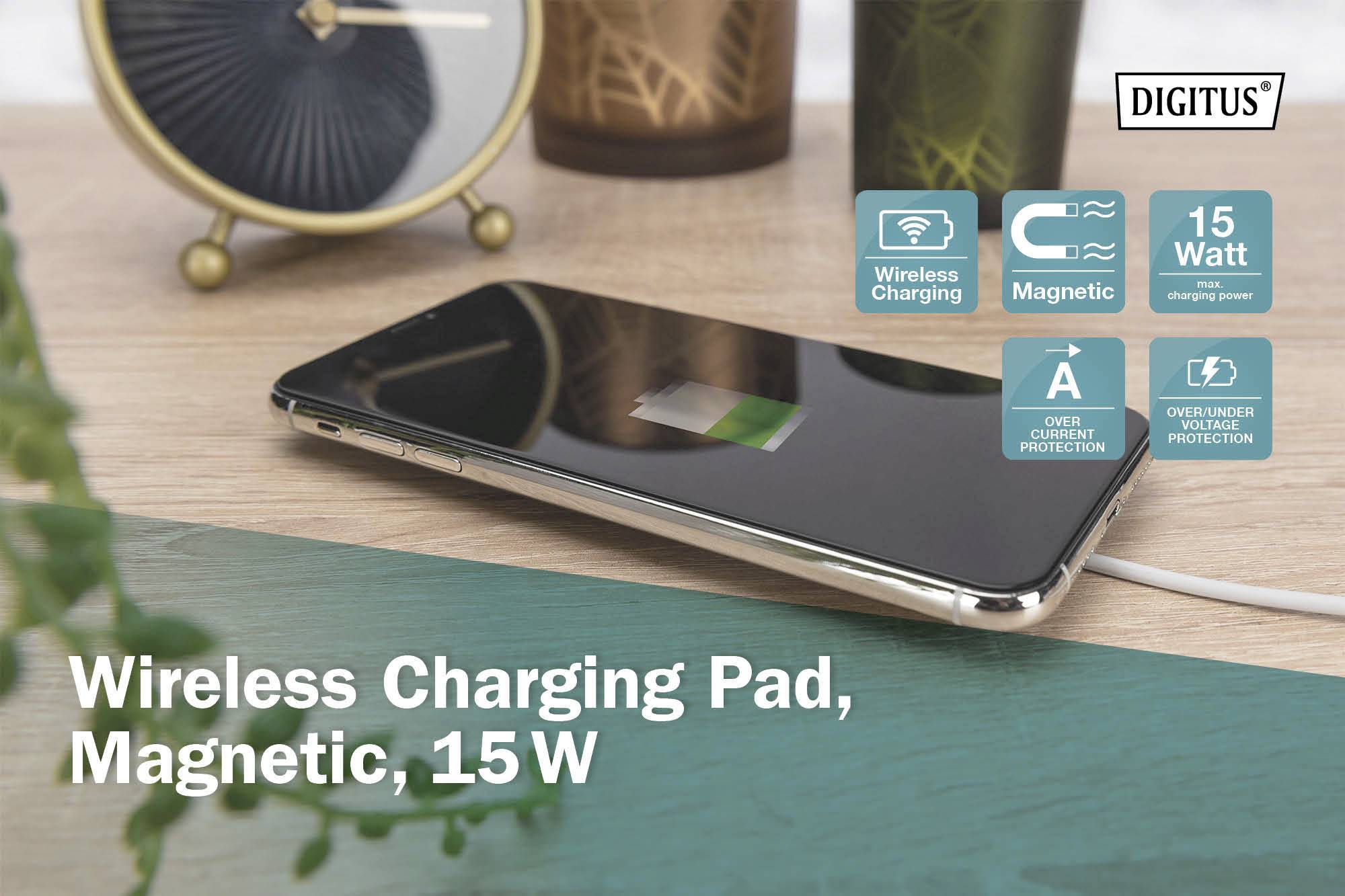 Ein Smartphone auf einem Holztisch, das drahtlos auf einer magnetischen 15-W-Ladepads lädt. Symbole stellen Funktionen wie Überstrom- und Überspannungsschutz dar.