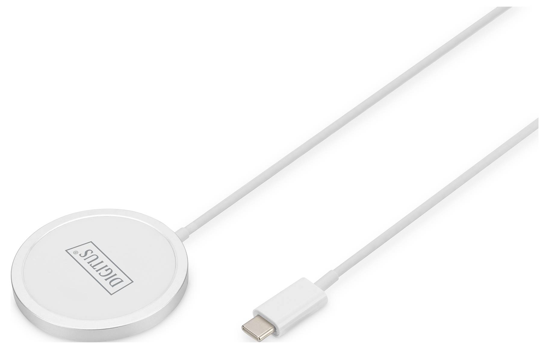 Ein rundes weißes drahtloses Ladegerät mit einem 'Digitus' Logo, das mit einem USB-C-Kabel verbunden ist.