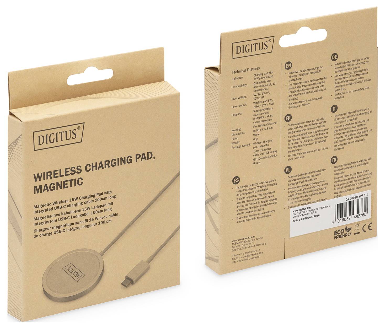 Eine Pappschachtel für eine magnetische kabellose Ladestation wird gezeigt, wobei Produktdetails und Spezifikationen auf der Rückseite gedruckt sind.