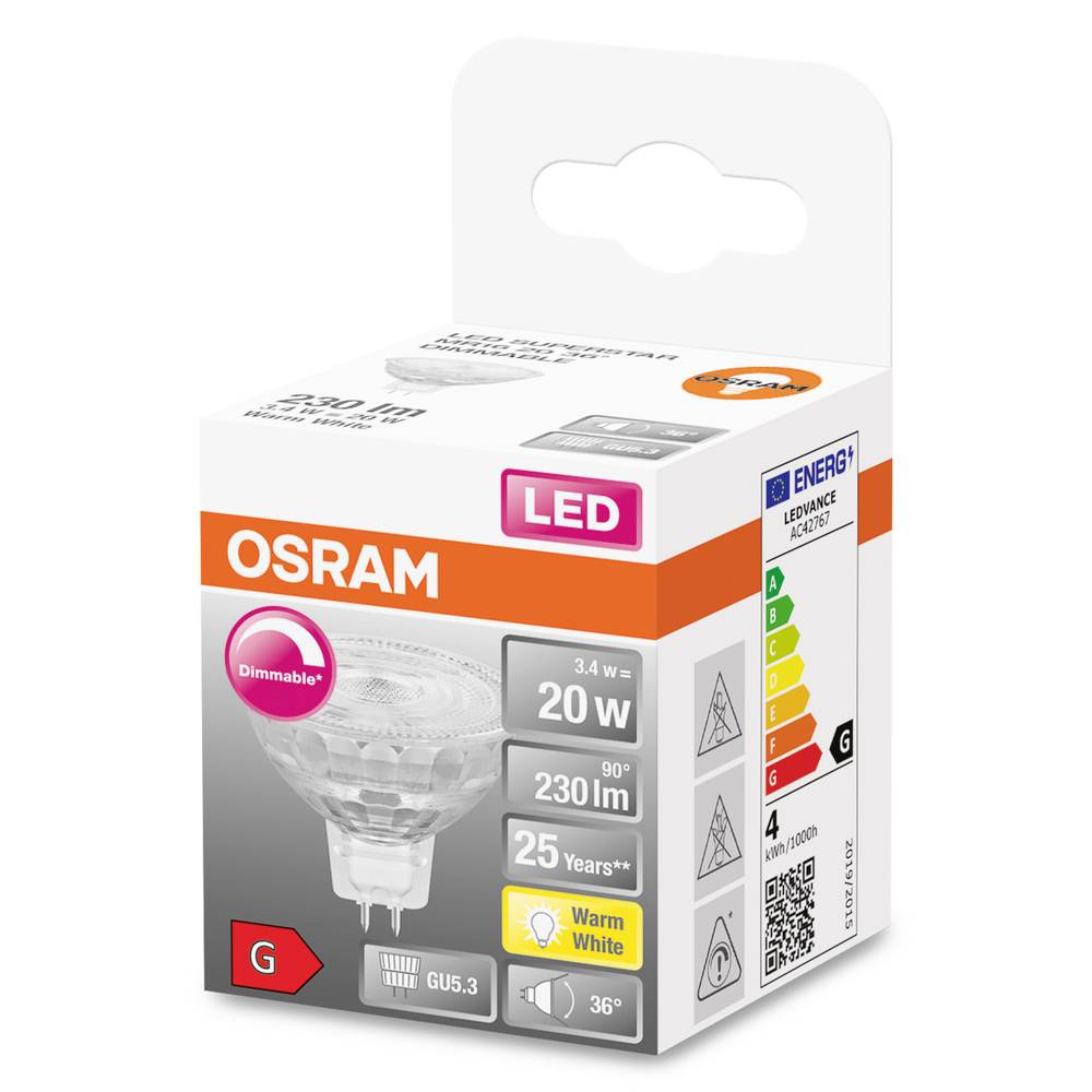 Osram LED Lampe in Schachtel. Energieklasse G, 3,4 Watt, 230 Lumen, 20 Watt Ersatz, warmweiß, dimmbar, GU5.3 Sockel, Lebensdauer 25 Jahre.