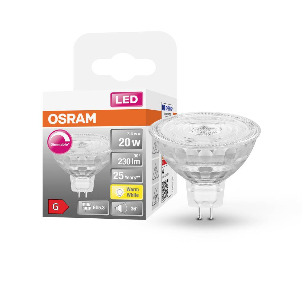 Eine LED-Lampe mit GU5.3-Sockel von Osram. Angaben: 20W, 230 lm, warmweiß, 25 Jahre Lebensdauer, Energieklasse G. Verpackung sichtbar.