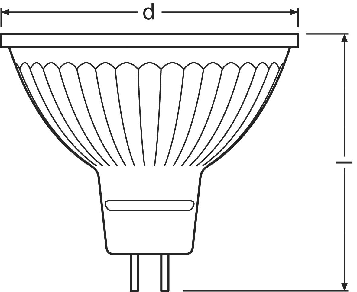 Das Bild zeigt die schematische Darstellung einer LED-Lampe mit GU10-Sockel, Seitenansicht. Maße 'd' für Durchmesser und Höhe angezeigt.