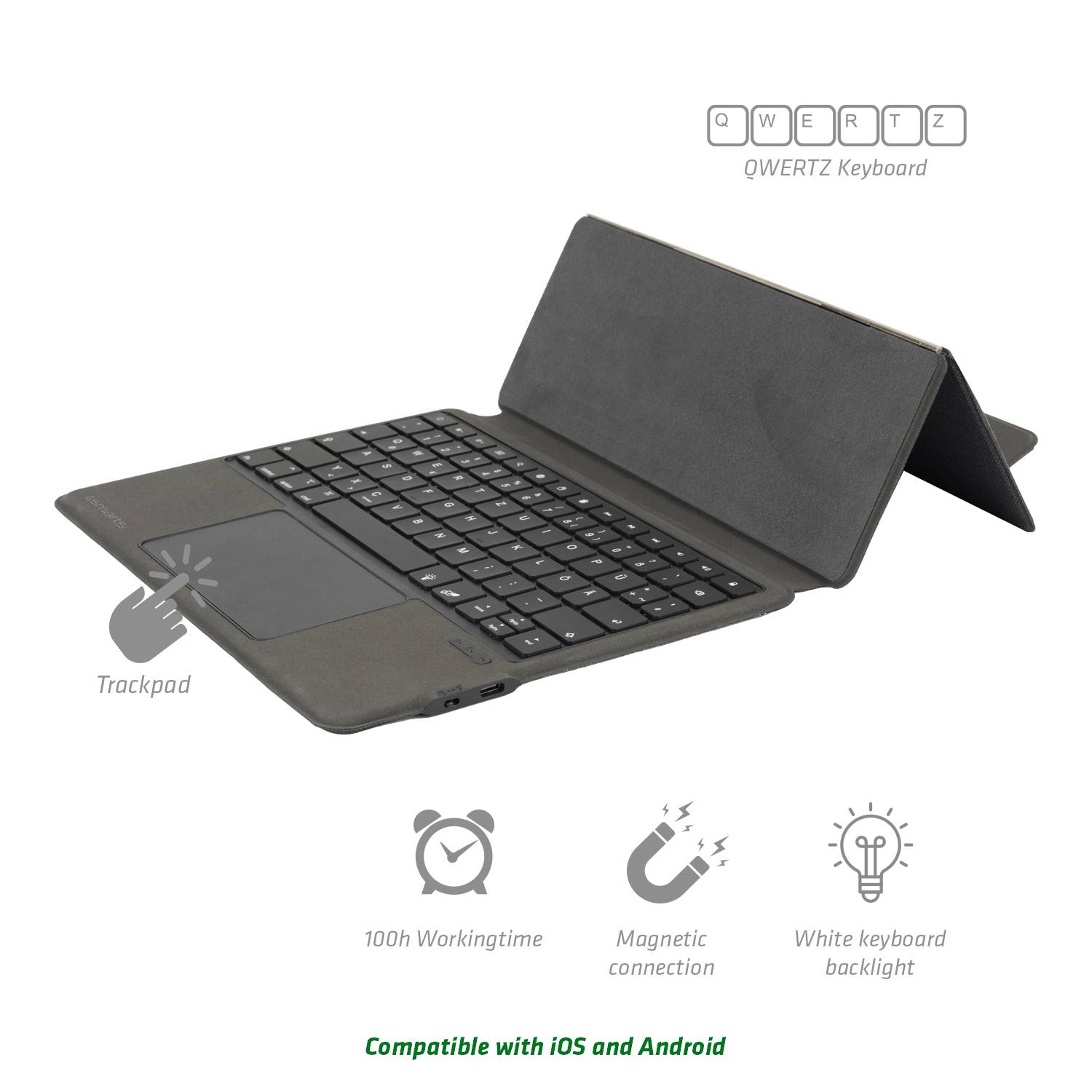 4Smarts "Solid Pro" Bluetooth®, Kabellos Tastatur Deutsch, QWERTZ Schwarz Beleuchtet, Magnete gegen Verrutschen, Wiederaufladbar