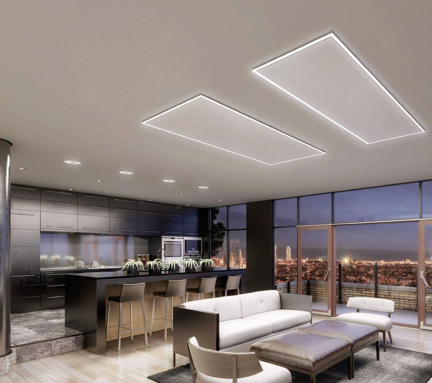 Ein modernes Wohnzimmer mit Küchenzeile, großen Fenstern und Stadtblick bei Nacht. Möbel in neutralen Tönen, minimalistisches Design.