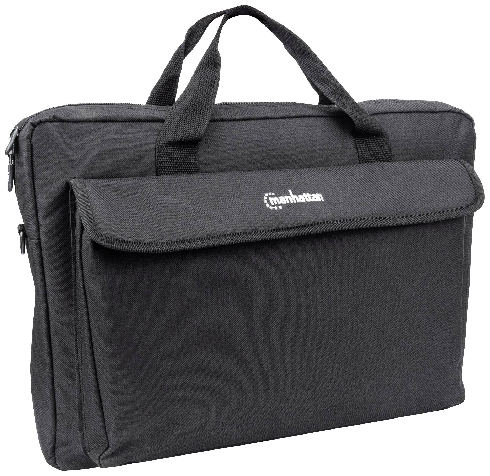 Eine schwarze Laptoptasche mit einem Griff und einer großen vorderen Tasche.