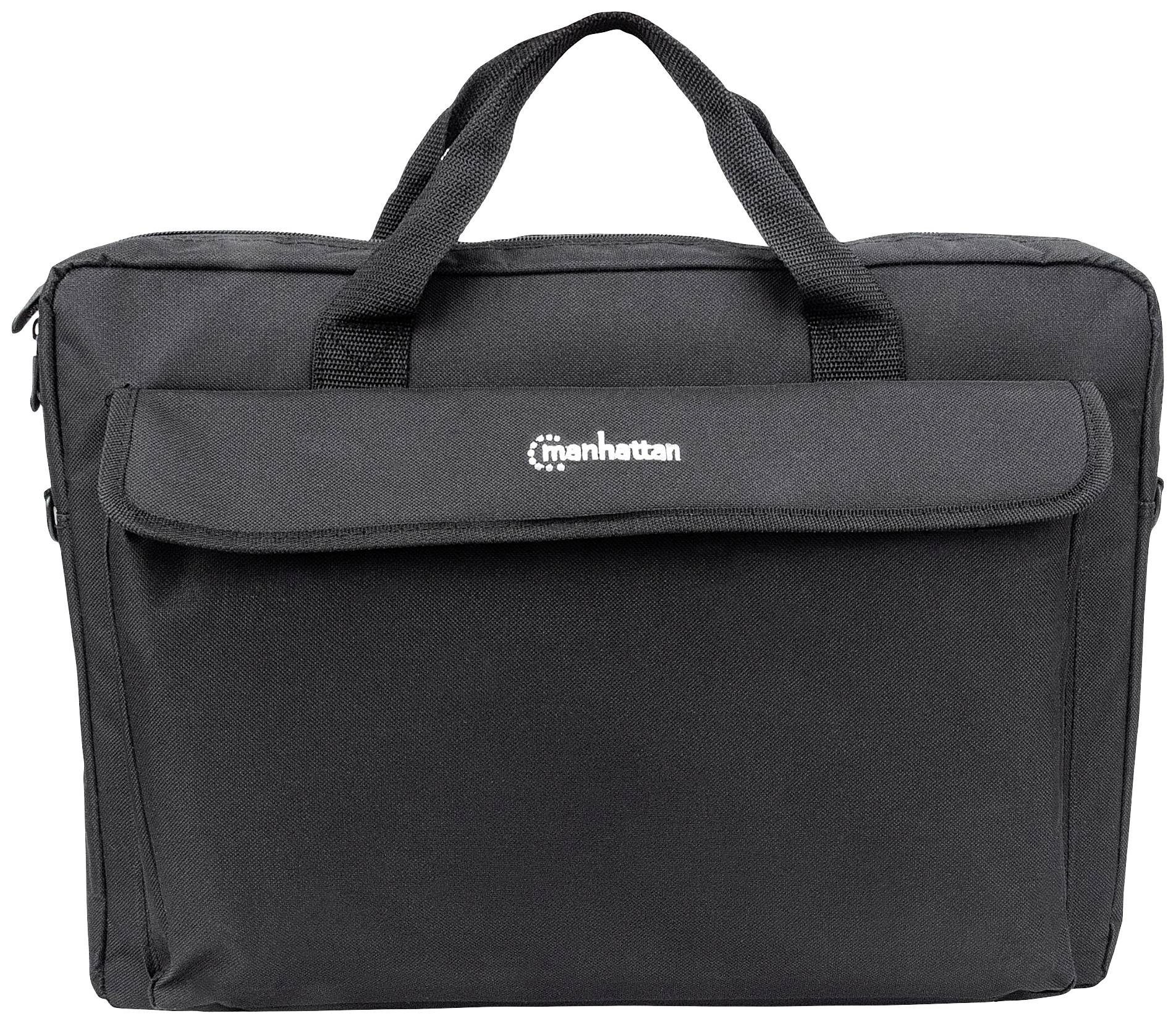 Eine schwarze Laptoptasche mit zwei Griffen und einem Reißverschlussfach vorne.