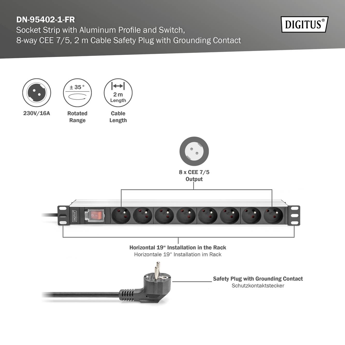 Digitus DN-95402-1-FR 19 Zoll 0 x Netzwerkschrank-Steckdosenleiste mit Schalter Schwarz